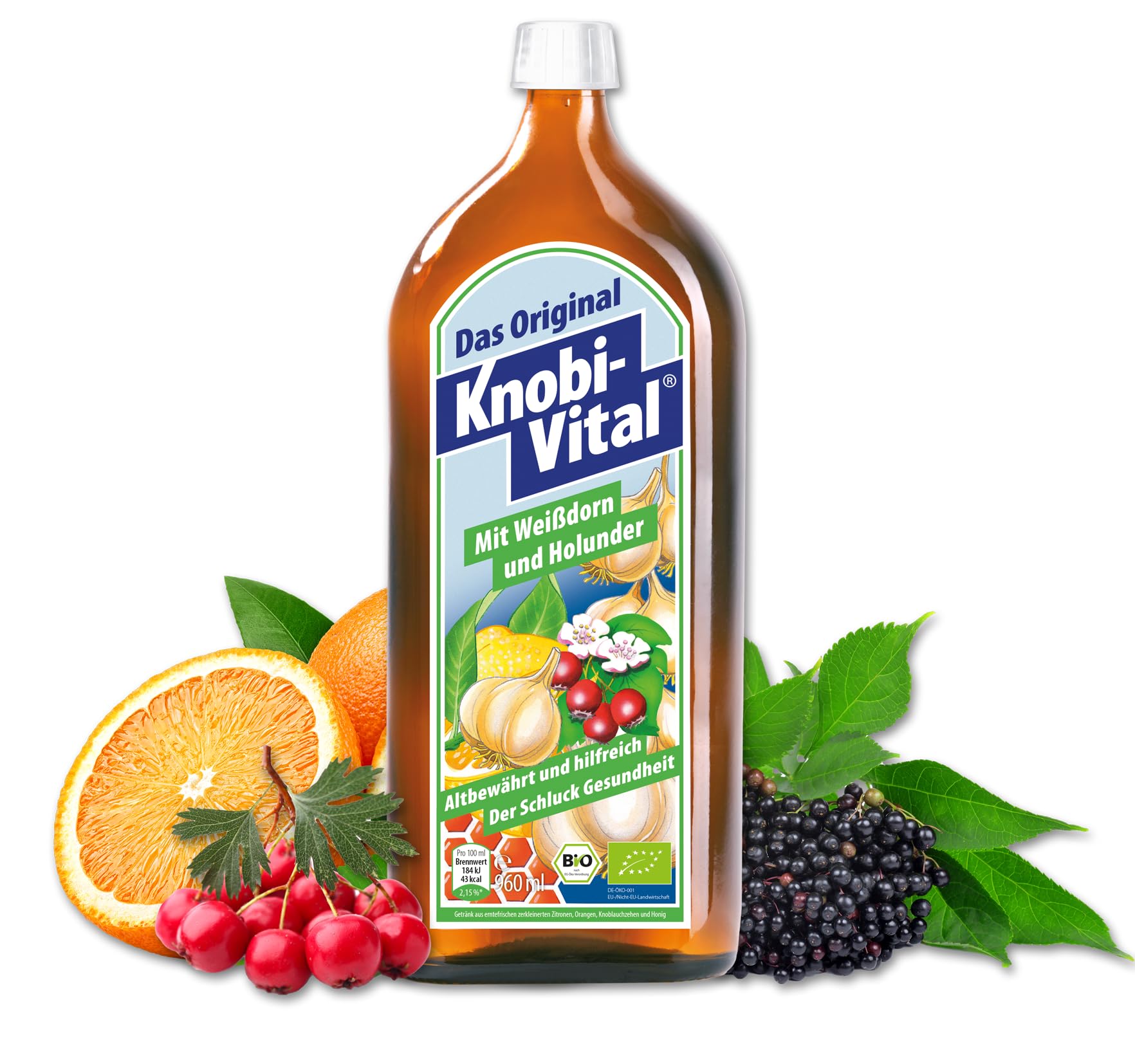 KnobiVital mit Weißdorn und Holunder Bio (960 ml) I Hochkonzentrierter Knoblauchsaft mit Thiamin für Energie, Nerven & Herz I Natürlich & ohne Zusätze