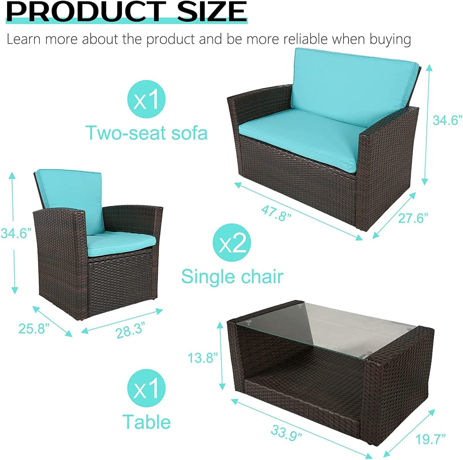 PayLessHere 4 Pieces Patio Conversation Set, Outdoor PE Rattan Wicker Sofa Furniture Set with Soft Cushions and Glass Coffee Table for Backyard Lawn Garden Balcony Porch Poolside (Blue)