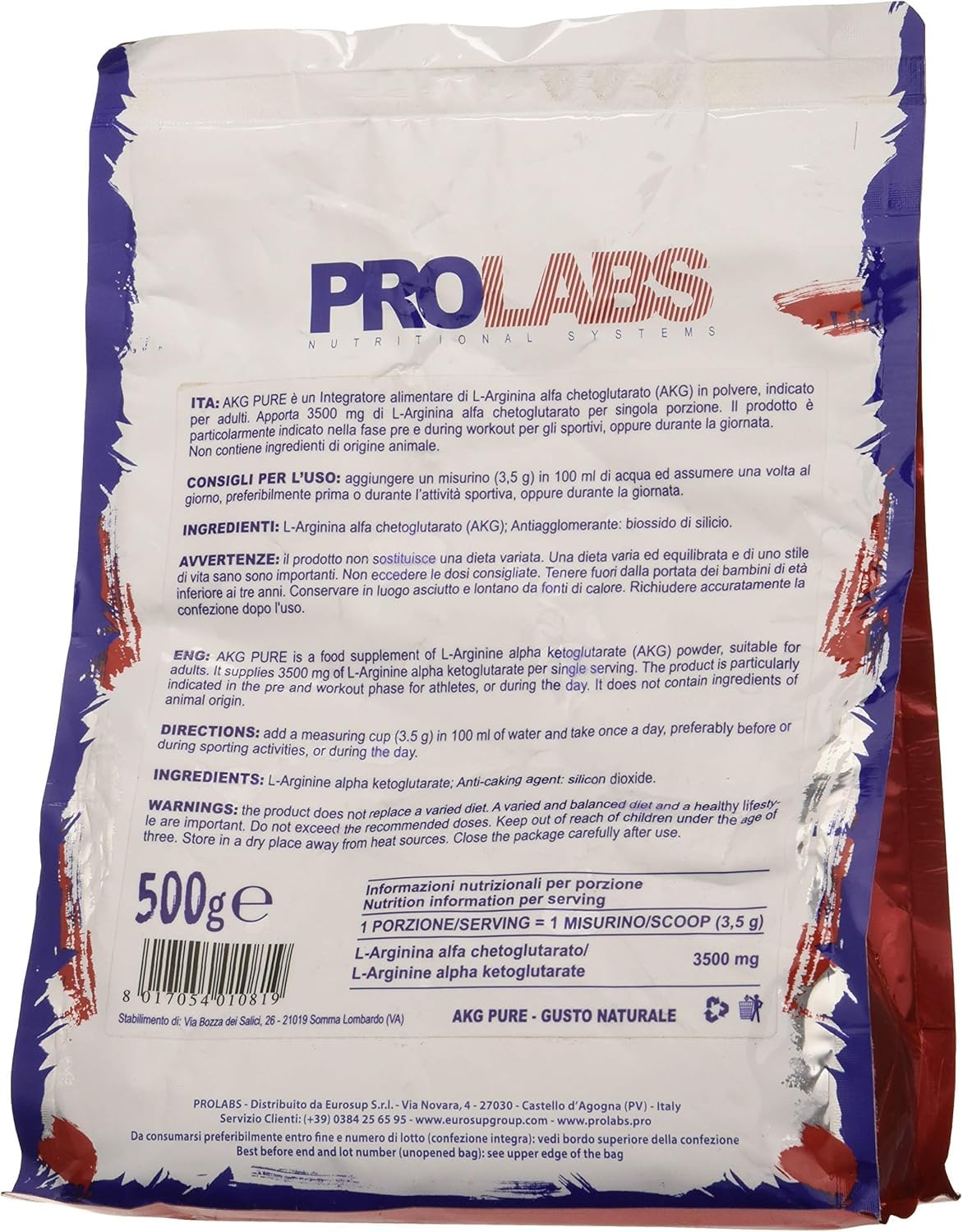 Prolàbs AkgPure 500 gr Polvere - l-arginina alfa chetoglutarato - Arginina aminoacido - gusto Naturale- Vegano