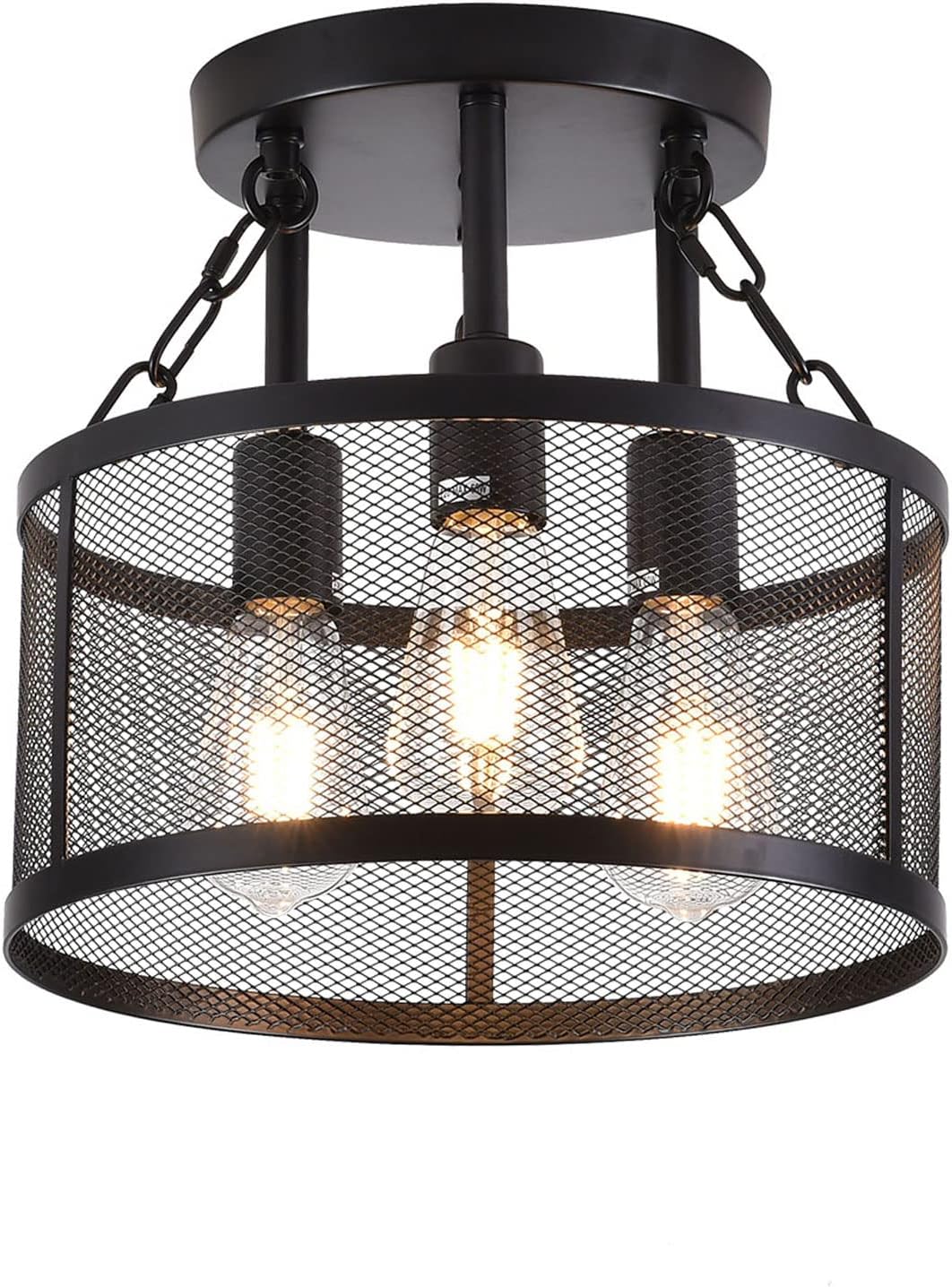 TFCFL Black Ceiling Light Fixture, 3-Light Semi Flush Mount Chandelier Lighting with Metal Mesh Industrial Vintage Caged Pendant Lamp Drum Shape for Farmhouse Kitchen Bedroom 12.6 Inch, E26 Base