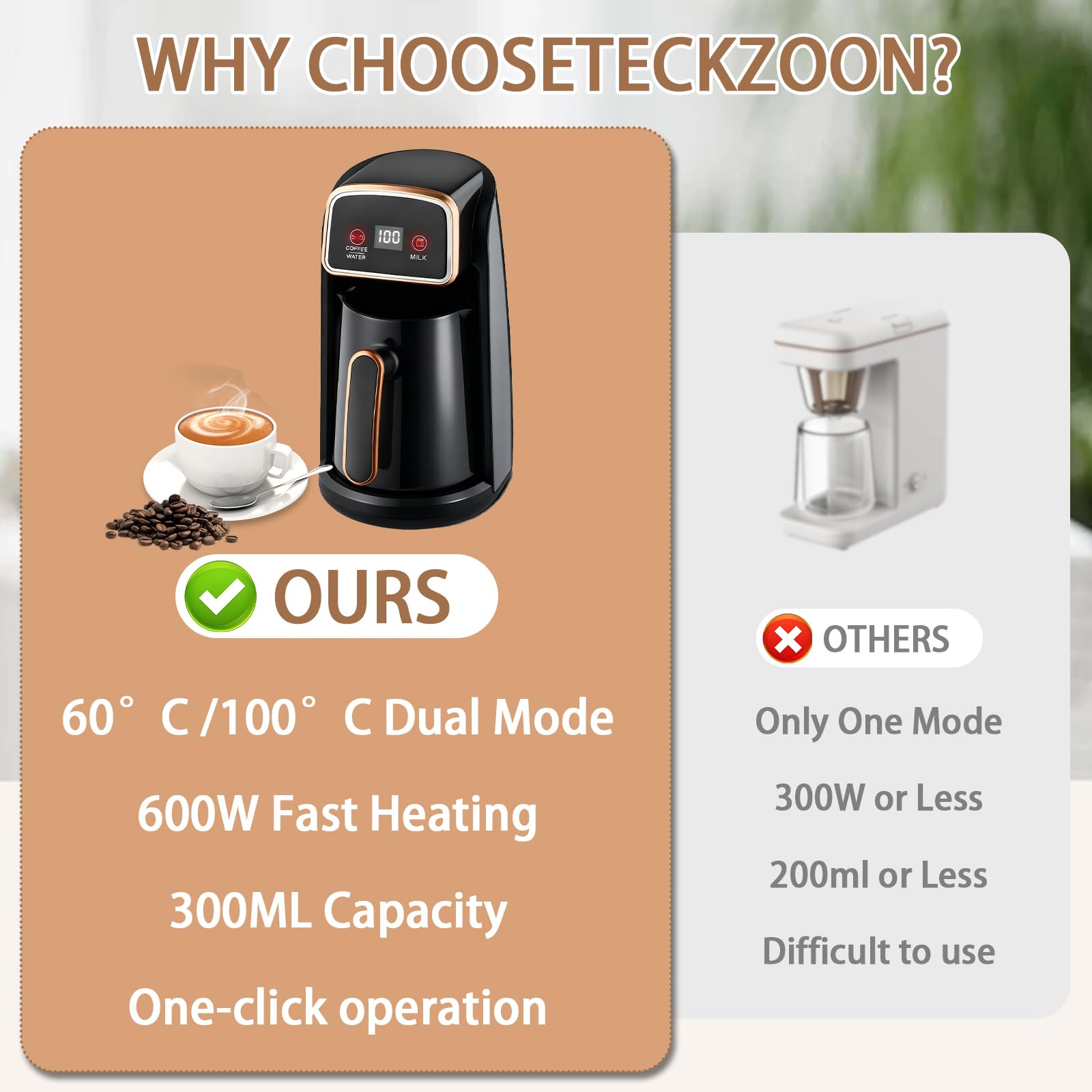 Automatische Elektrische Türkische Kaffeemaschine, 600W Kaffeepott mit Dual-Heizsystem, Smart Bedienung für Kaffee, Wasser & Milch, 300ml Kapazität für 4 Tassen, Anti Trockenlauf