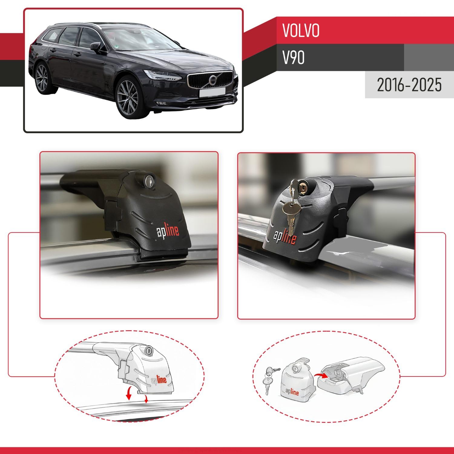 Compatible con Volvo V90 2016-2025 Modelo Ace-2 Barra de Techo Auto Portaequipajes Barras Transversales Gris Aluminio 2 Barras