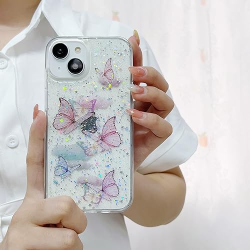Miniatura 2 de MUNDULEA Funda compatible con iPhone 15 transparente con diseño de mariposas para mujeres y niñas, flexible, TPU con estrellas, brillantina,