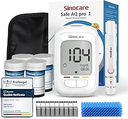 Sinocare Misuratore Glicemia, Glucometro con 100 Strisce Glicemia e 100 Lancette, Elettrodo d'argento più Preciso, Risultati in mg/dL