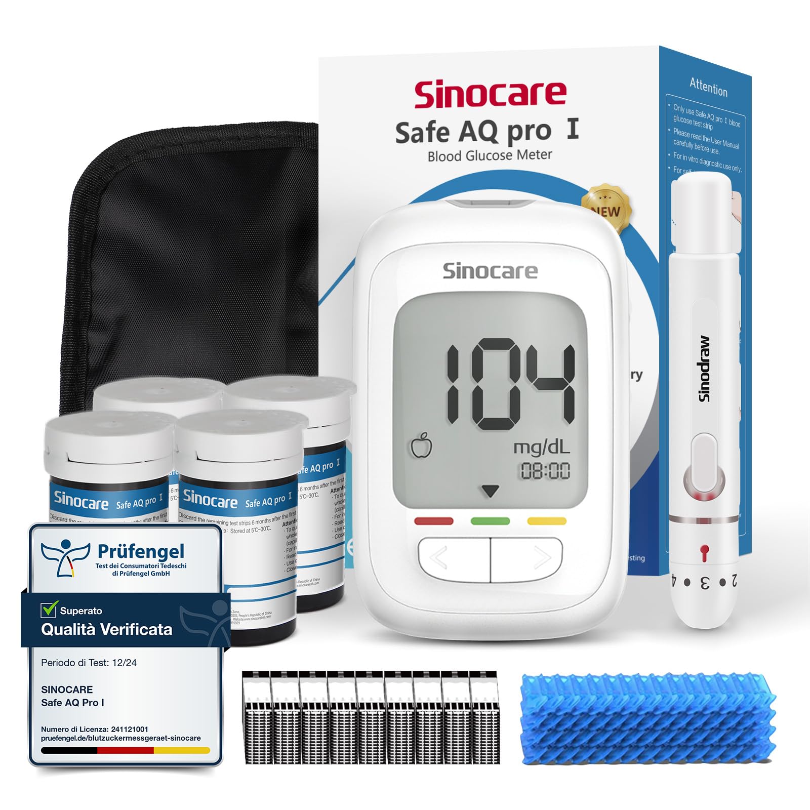 Sinocare Misuratore Glicemia, Glucometro con 100 Strisce Glicemia e 100 Lancette, Elettrodo d'argento più Preciso, Risultati in mg/dL - 1