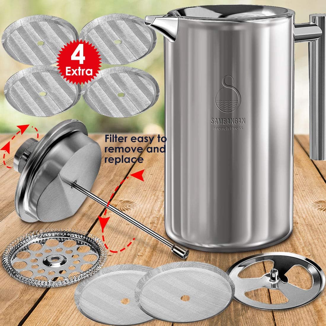 French Press Coffee Maker, Stainless Steel 60oz Double-Wall Metal Insulated Coffee Tea Makers with 4 Level Filtration System, Rust-Free, Dishwasher Safe (1750ml)