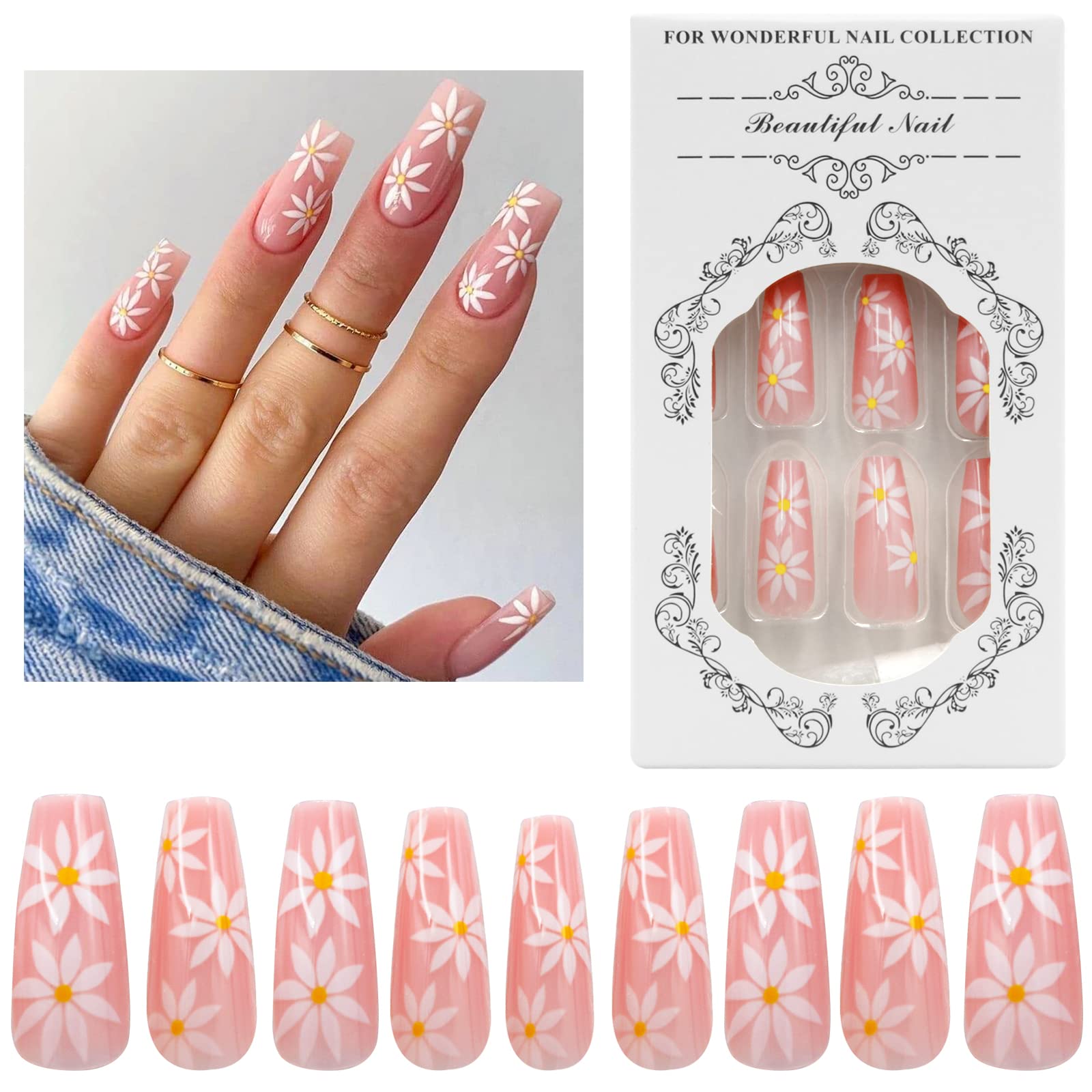 YFulfill Middle Coffin Tip Press On Nails, Nude with White Flowers Decoration