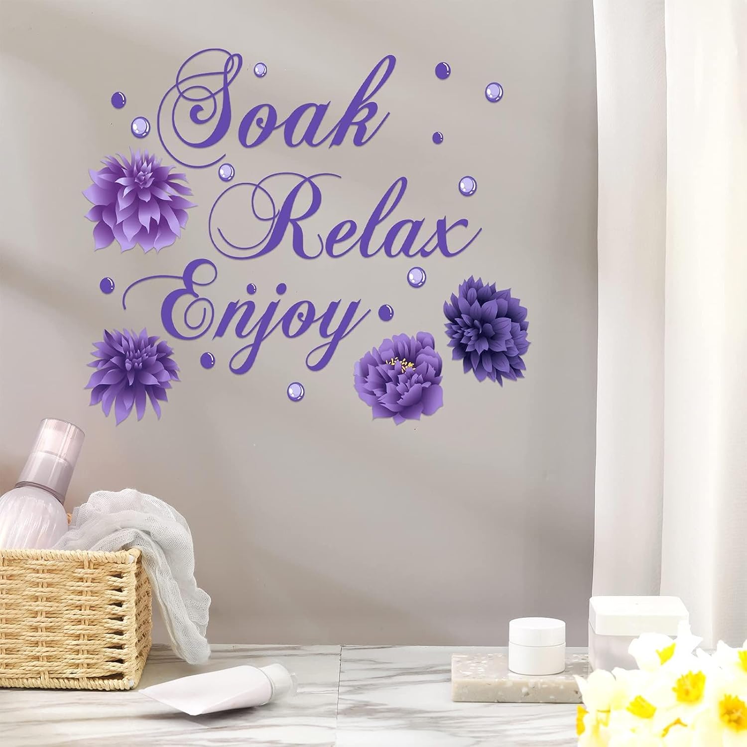 Xuniea Purple Bathroom Wall Decals Soak Relax Enjoy Spa Wall Decor Stickers Waterproof Flower Sign Sticker for Bedroom Bathroom Kitchen Living Room DIY Decorations
