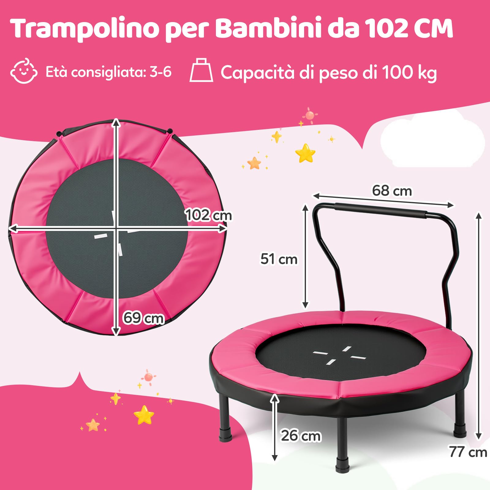 COSTWAY Trampolino Elastico per Bambini, Tappeto Elastico da Interno ed Esterno con Manubrio in Schiuma e Cuscino di Sicurezza, Ideale per Bambini 3-6 Anni, Portata 100 kg
