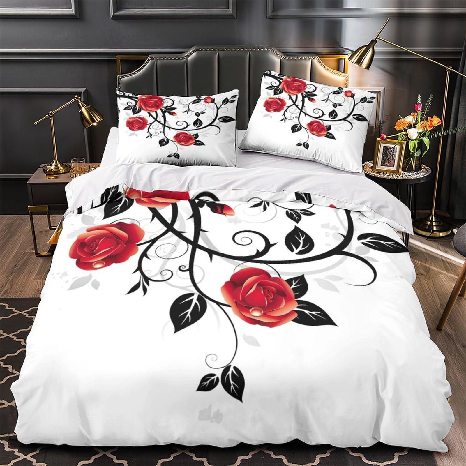 Red Roses Duvet Cover 3D Design Printed Hypoallergenic 3 Pcs Bedding Set Zipper Vintage Floral Design Quilt Cover Luxury Breathable for Teens Kids Adults Women Youth Teenagers Super king（260x220cm）