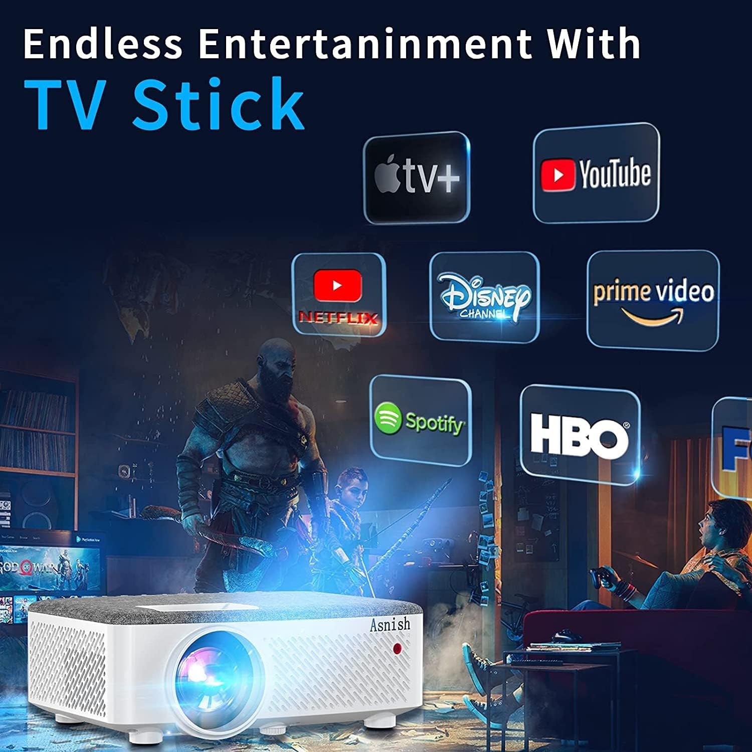 Movie Projector HD Outdoor Projector Native 1080P Bluetooth Projector 200" Display 9500Lumens Compatible with TV Stick, Video Games, Phone, VGA, AV, TF, USB, HD