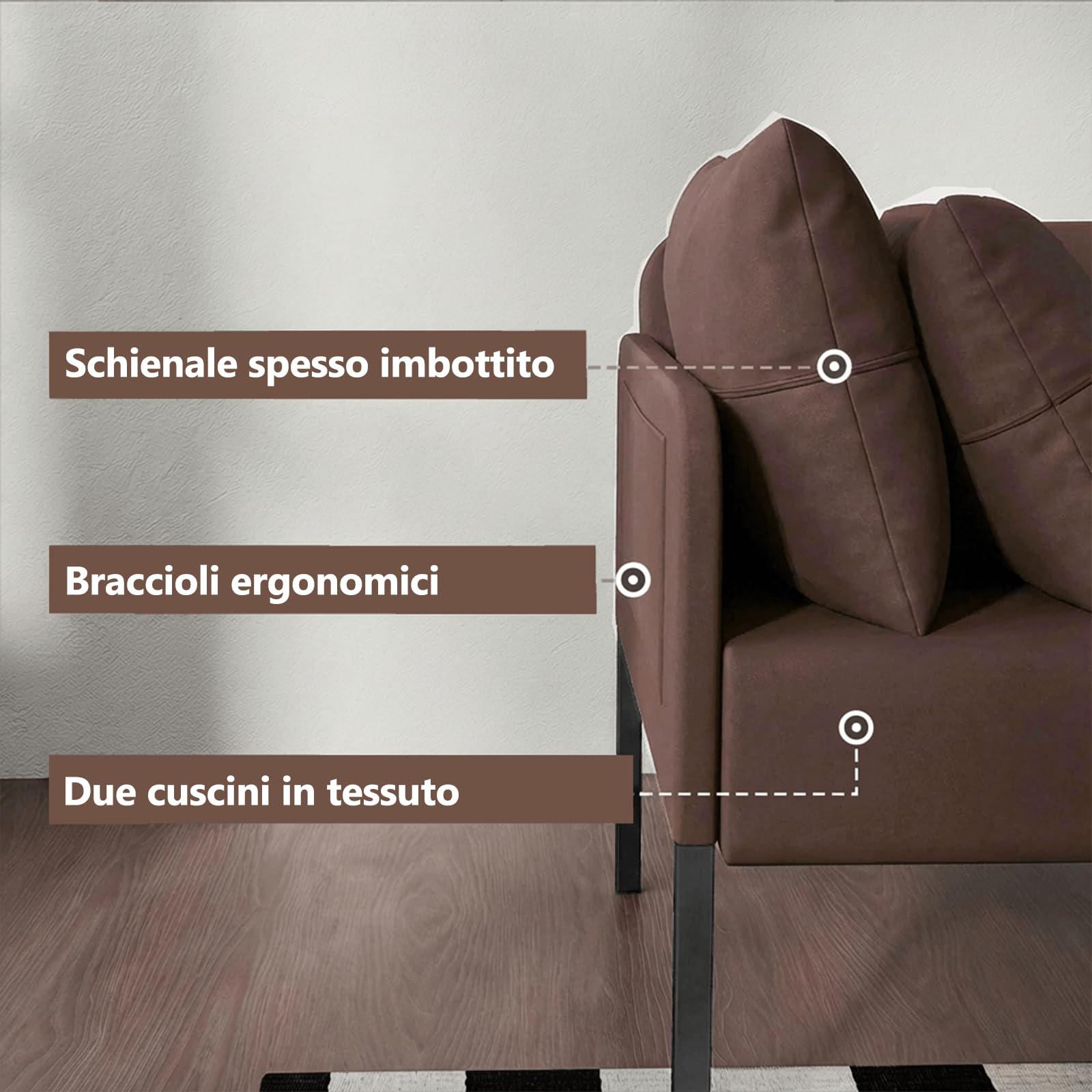 Fabulcozy,Divano 2 Posti, Piccolo Divano in Llino con Tasche Laterali, Struttura in Legno e 4 Gambe Metalliche,Iinclude 2 Cuscini, Facile Montaggio, Salvaspazio per Soggiorno o Appartamento(Marrone)