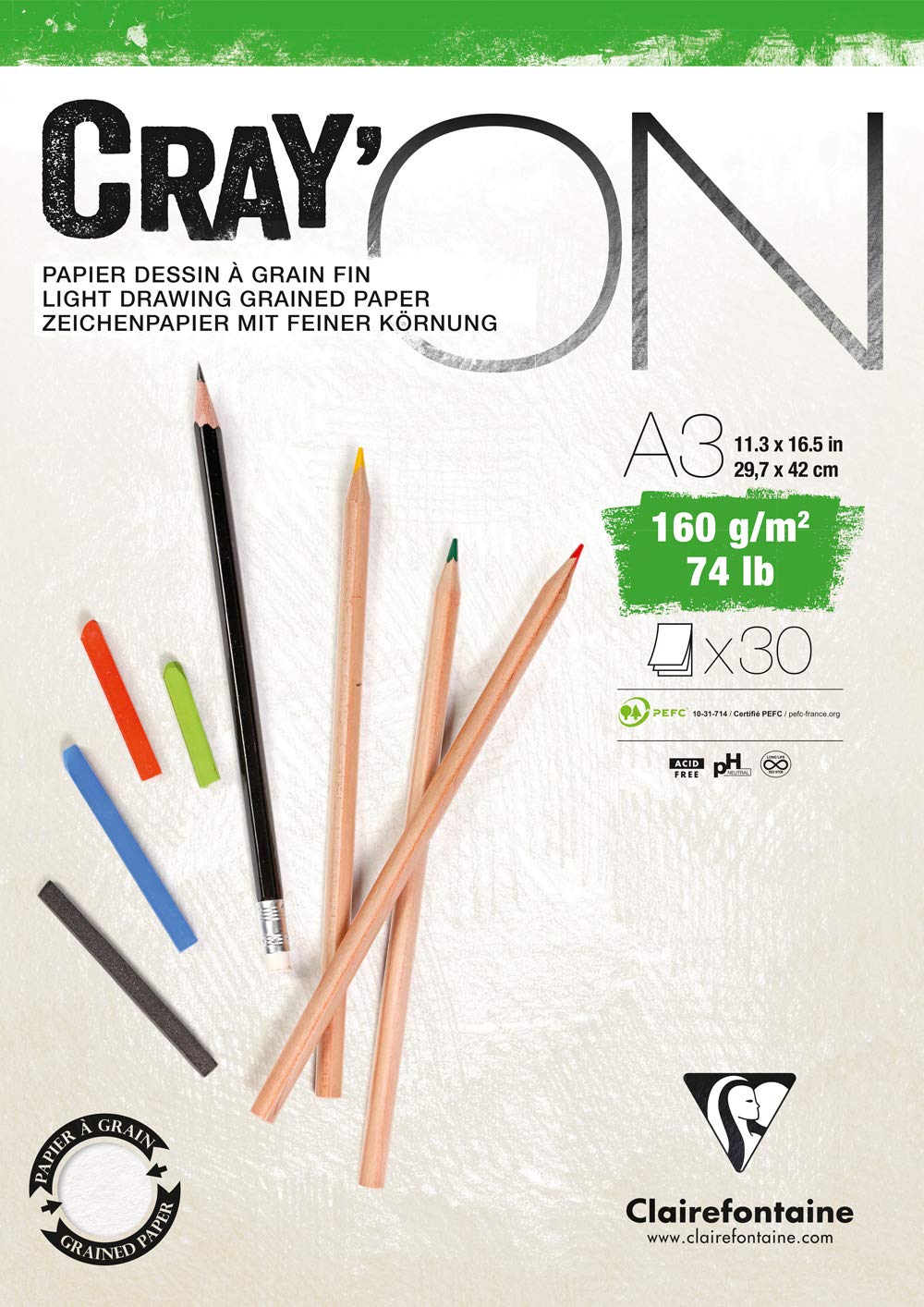 Clairefontaine - Ref 975029C - Cray'On White Glued Sketch Pad (50 Sheets) - A2 (59.4 x 42cm) Size, 160gsm 100% Cellulose Paper, Grained One Size & Smooth Other Side