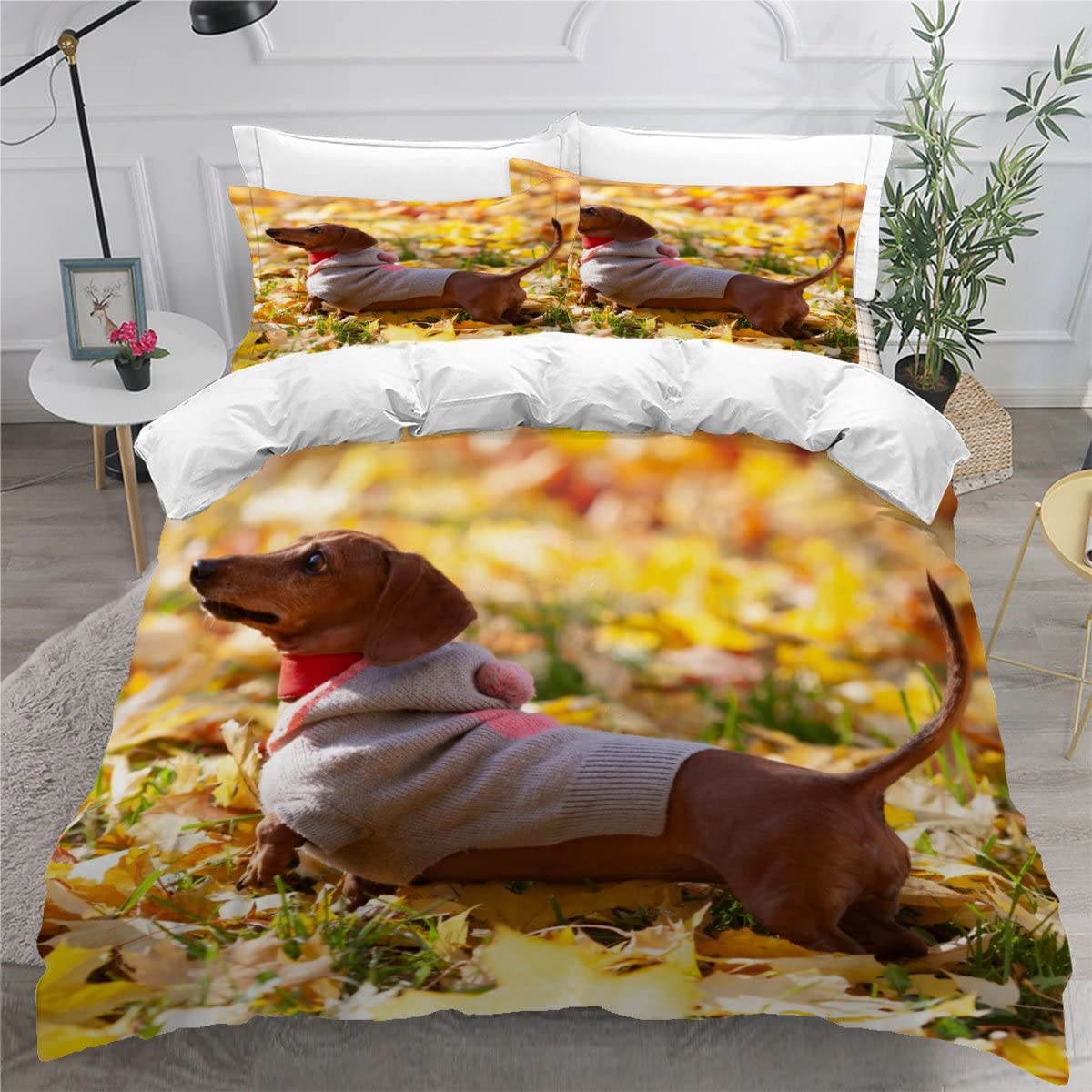 3D Printed Brown Sausage Dog Duvet Cover Set Single/Double Size 155x220cm Lightweight Microfiber Quilt Cover with Zipper Perfect for Kids Girls Boys and Teens Room Decor 3 Piece Animal Beddi