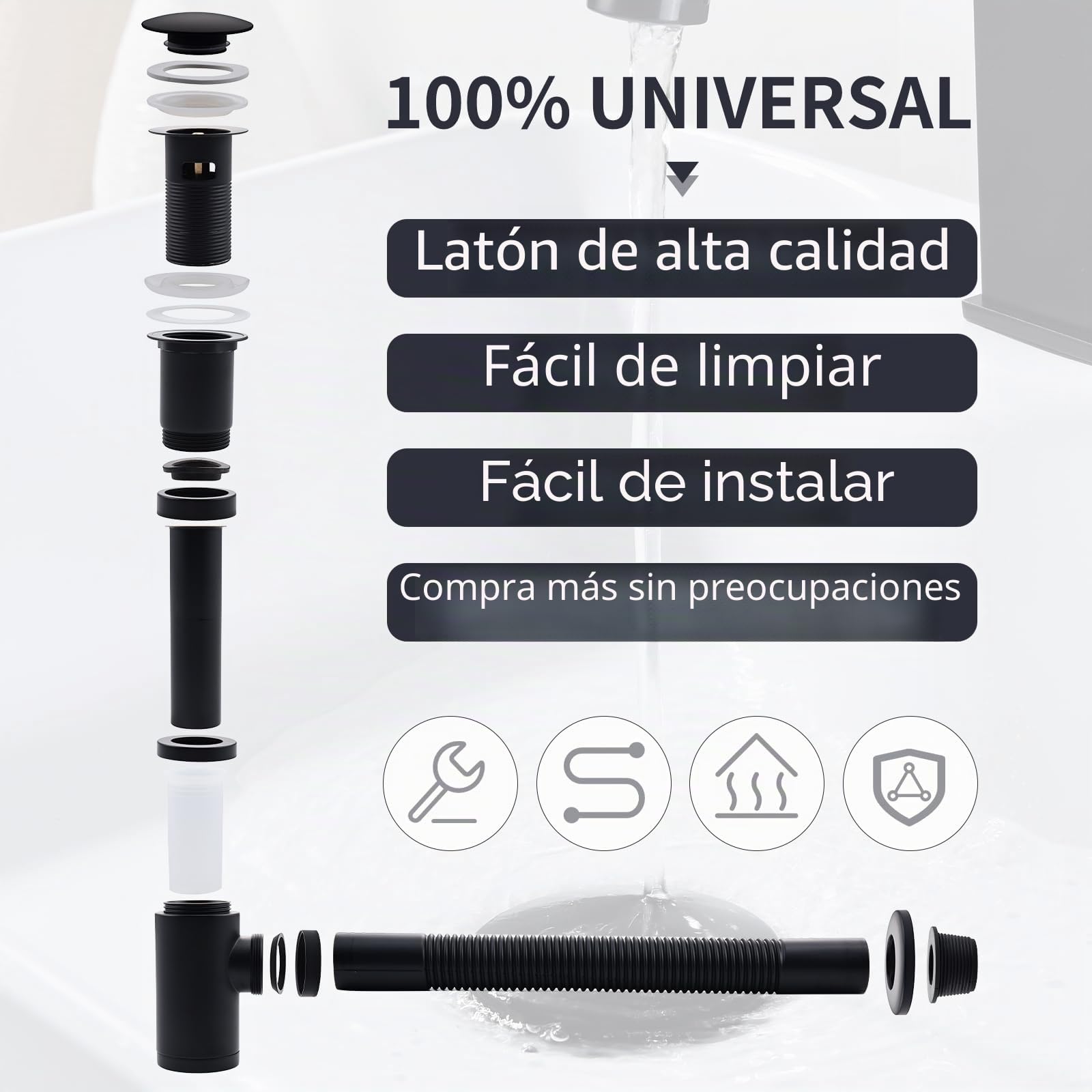 HOMELODY DiseñO De SifóN con VáLvula De Drenaje De Fregadero Negro Mate - SifóN De LatóN Universal - Incluye TapóN De Lavabo Y Abertura De Limpieza - SifóN De Lavabo, SifóN De Fregadero De Cocina