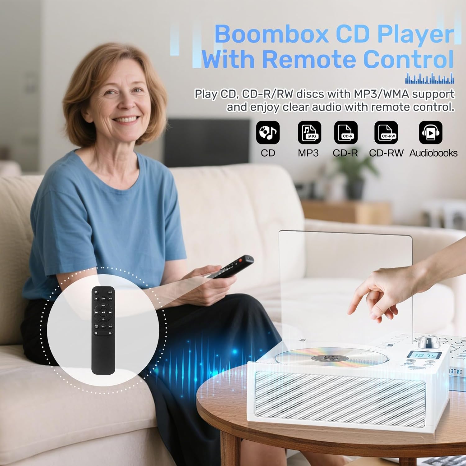 Bluetooth Portable CD Player with Dual Stereo Speakers, 4000mAh Rechargeable Boombox with Dust Cover, FM Radio, USB/AUX/TF, Remote Control, Aesthetic Audio Player for Home Decor, Study, Gifts