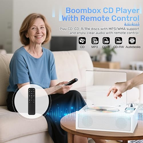 Miniatura 4 de Boombox reproductor de CD portátil, Boombox recargable de 4000 mAh con reproducción de CD-RRWMP3, radio FMAUXUSBTFBluetoothcontrol remoto, conector