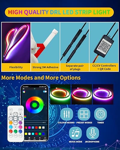 Miniatura 3 de DUOFU365 Tira LED Drl, tira de luces LED RGB para exteriores, 2 unidades, 24 pulgadas, multicolor, tira de luz diurna con aplicación inalámbrica y