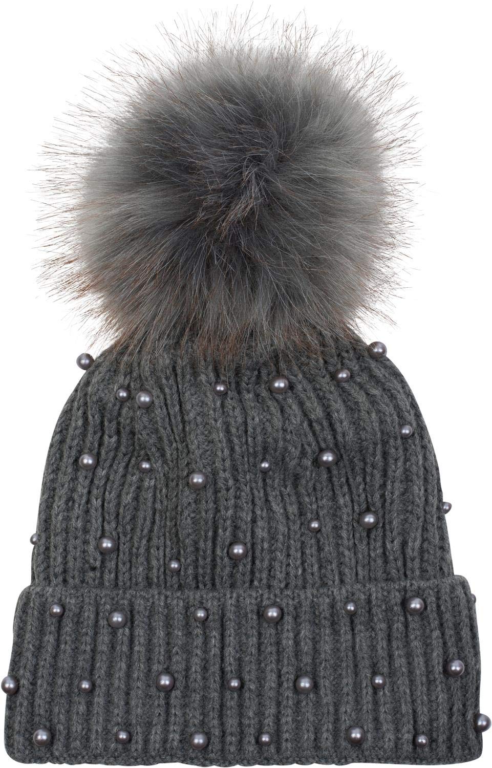 Stylebreaker Women's Grey Knit Pompom Hat With Beading And Fleece Lining, Winter Fur Bobble Hat 04024155, Colour: