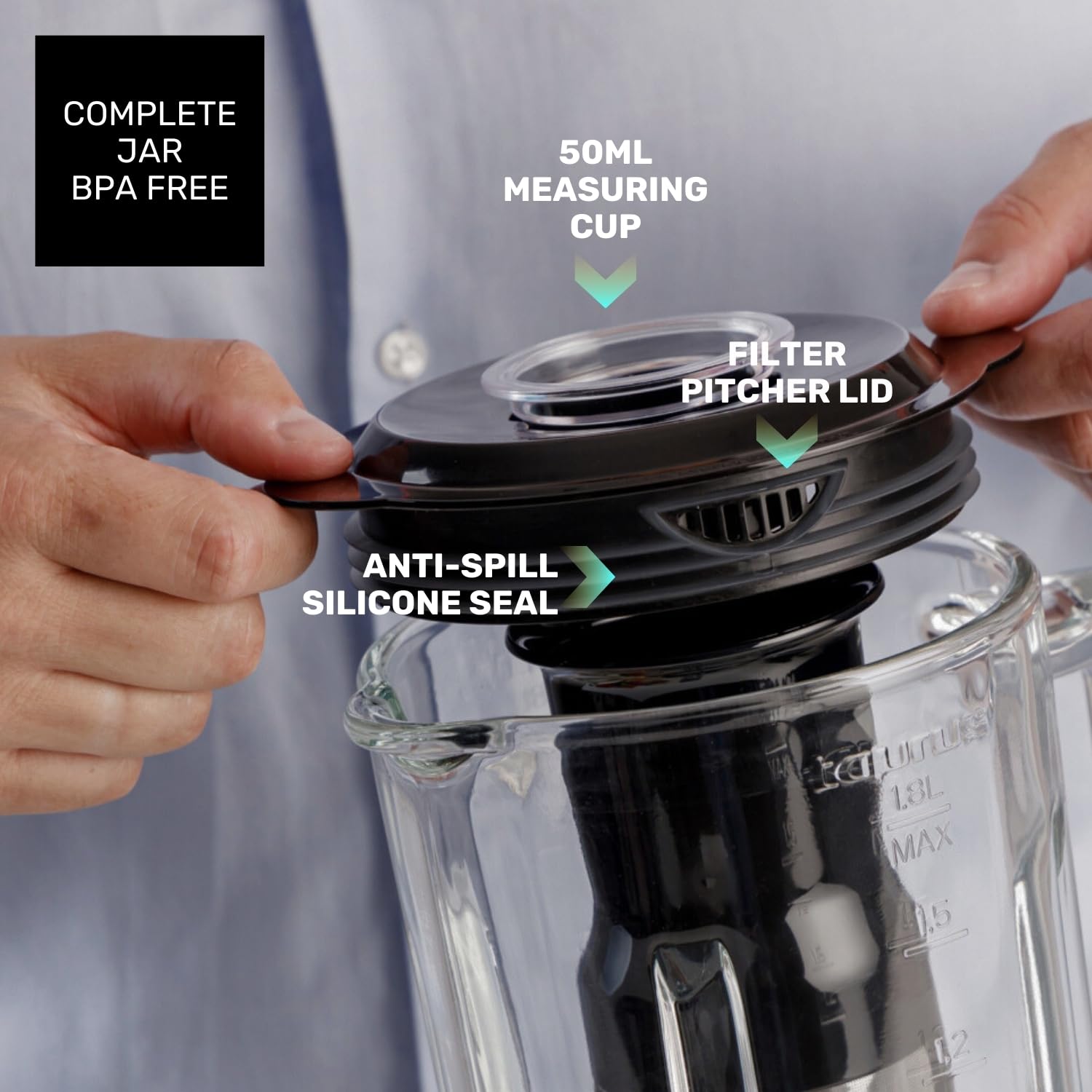 Taurus - Batidora de Vaso Prior 1800W, 20 Velocidades, Turbo + 4 Funciones, Pica Hielo, Smoothie, 6 Cuchillas, Filtro Antipulpa, Vaso Portátil, Apta Lavavajillas, Libre de BPA, Negro/Metálico