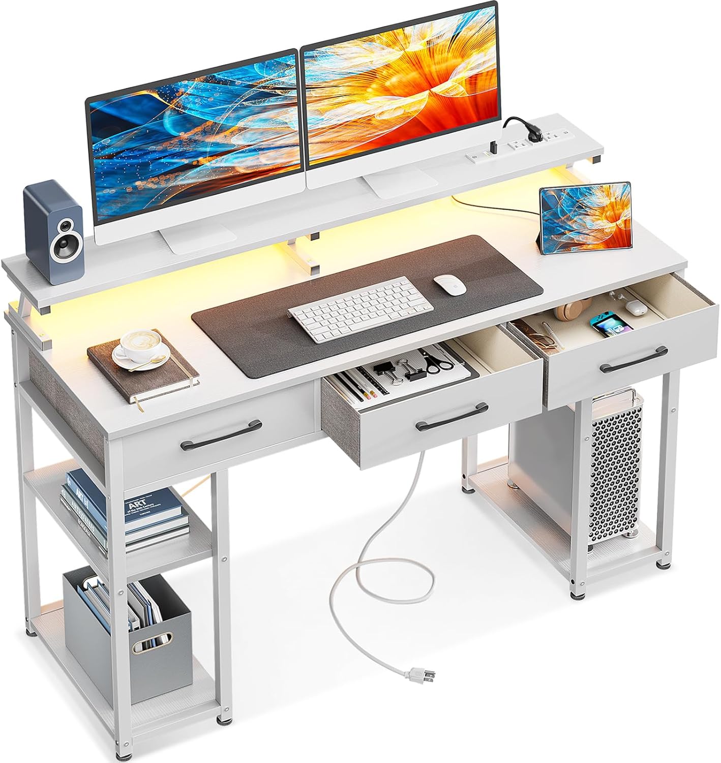 ODK Computer Desk with Fabric Drawers and Power Outlet, 48 Inch White