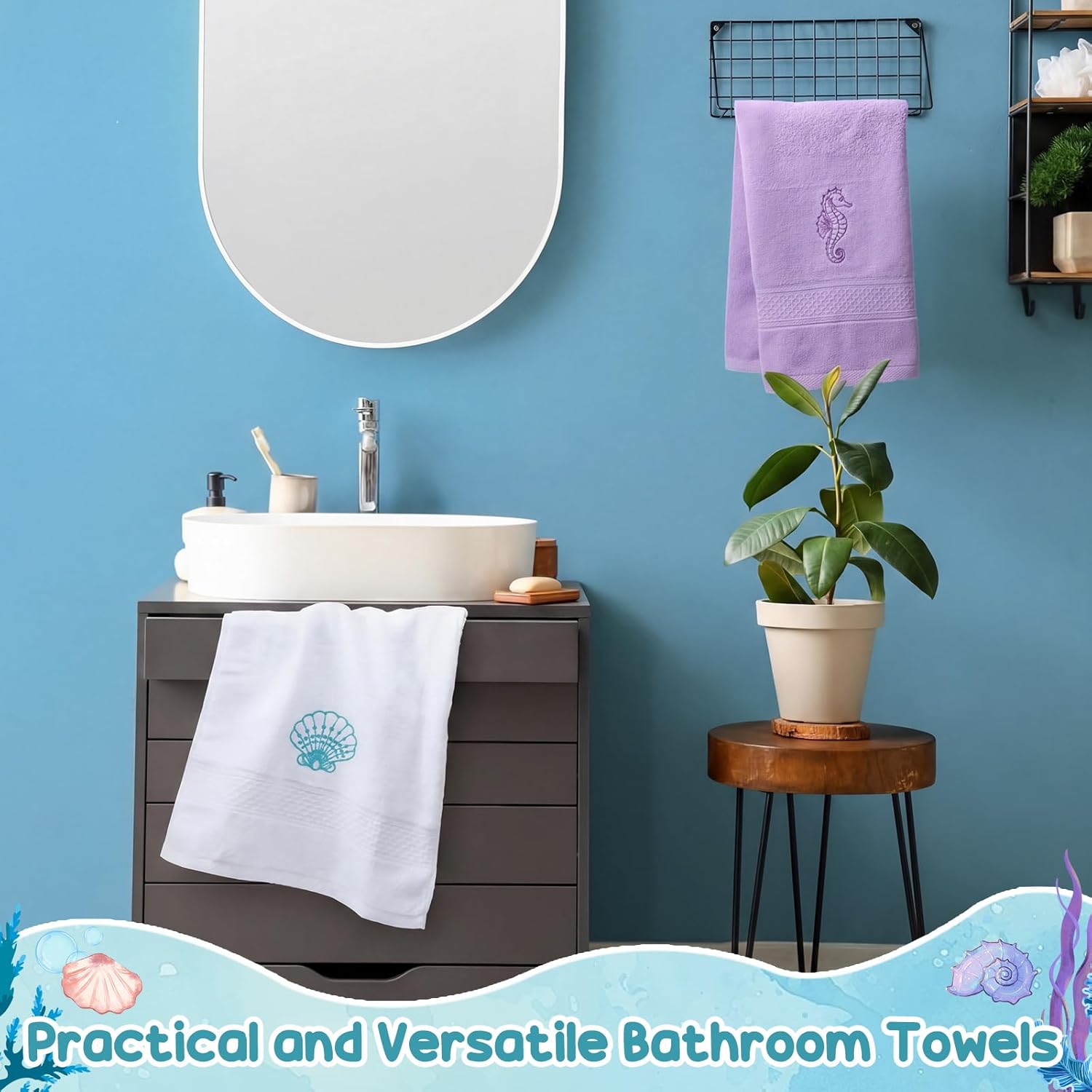 Haull 4 Pcs Beach Coastal Hand Towels for Bathroom Cotton Embroidered Summer Ocean Towels 28.74 x 12.99 Inch Starfish Seahorses Conch Seashell Absorbent Soft Dishcloth for Home Bathroom Kitchen Decor