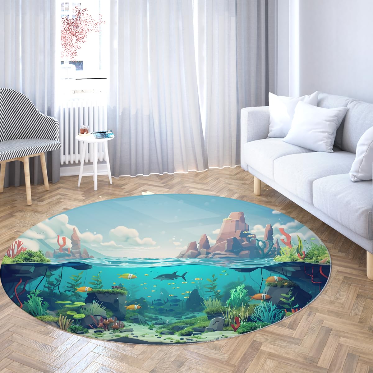 Tapis chambre enfant bleu ciel lavable motif récif sous-marin