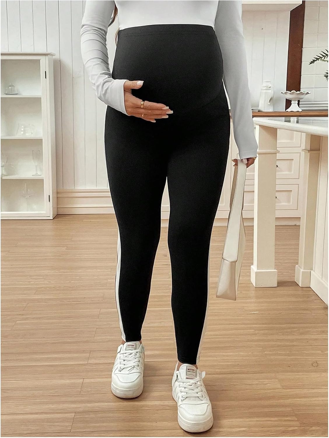 OYOANGLE Women's Striped High Waisted Maternity Leggings Over the Belly Pregnancy Yoga Pants