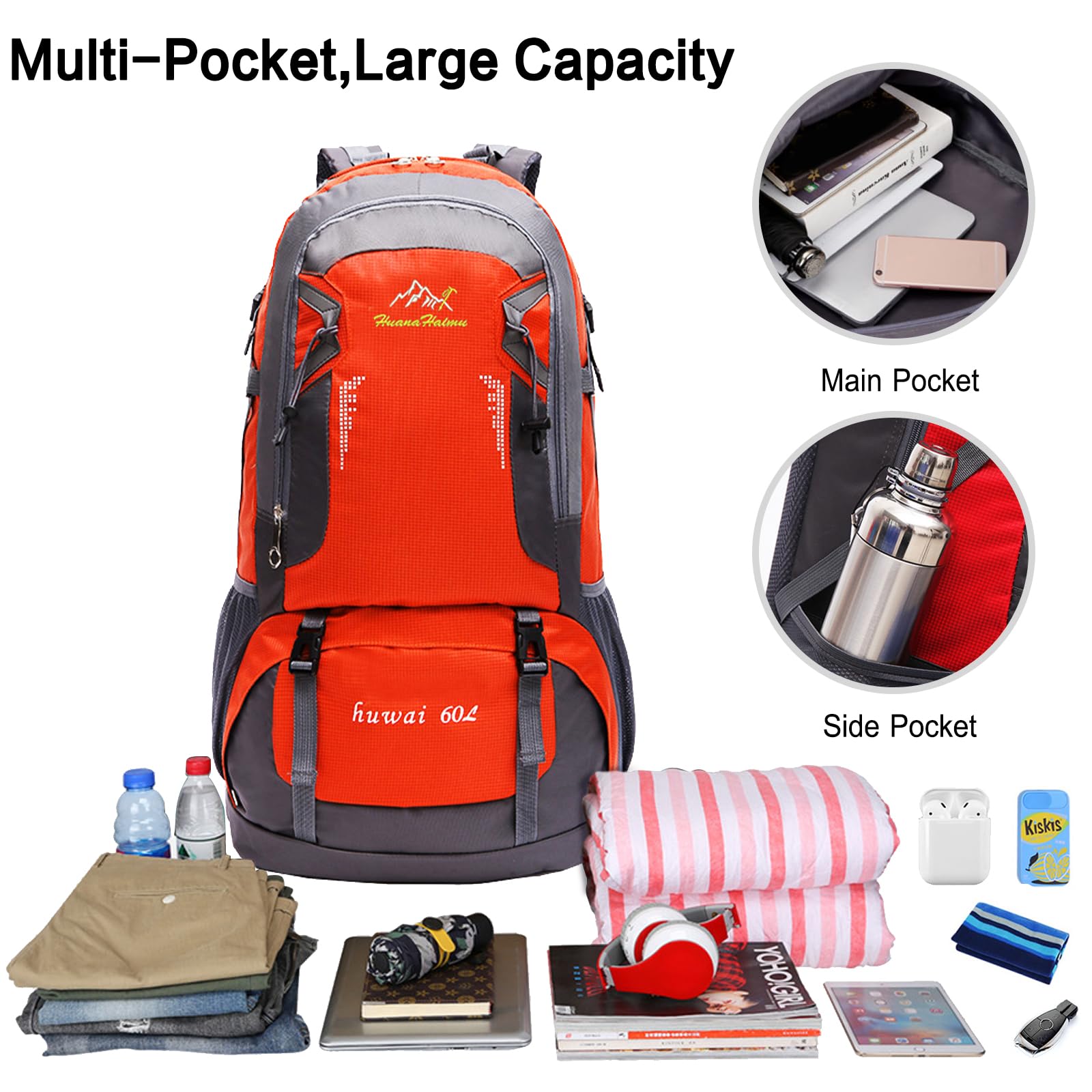 60L Zaino da Trekking Zaino Impermeabile Zaini Grande Hiking Backpack per Donna Uomo Campeggio Arrampicata Viaggio Sport Blu