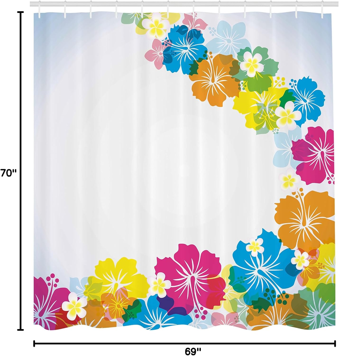 Ambesonne Luau Shower Curtain, Vibrant Colorful Border Design with Blossoming Hibiscus Polynesian Springtime Aloha, Cloth Fabric Bathroom Decor Set with Hooks, 69" W x 70" L, Soft Bleu Multicolor