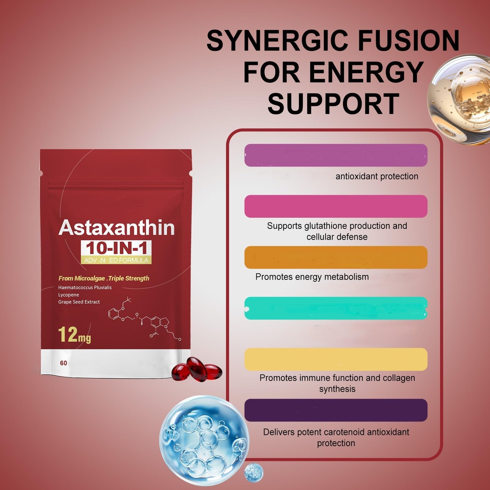 Astaxantina 12 mg, adecuada para hombres y mujeres (60 unidades)