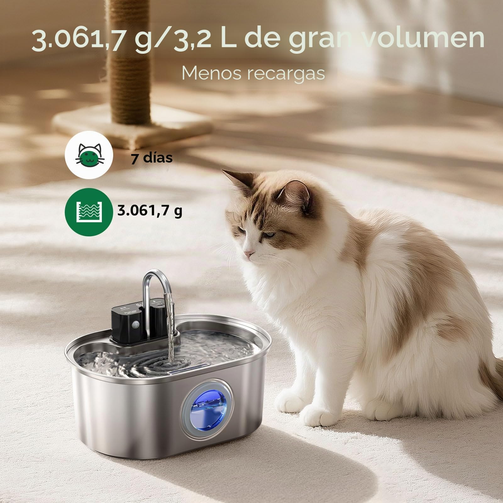 Fuente inalámbrica para Gatos de Acero Inoxidable: Fuente de Agua alimentada por batería para Interiores, dispensador automático de Agua con Sensor de Movimiento, Bomba Ultra silenciosa, filtración