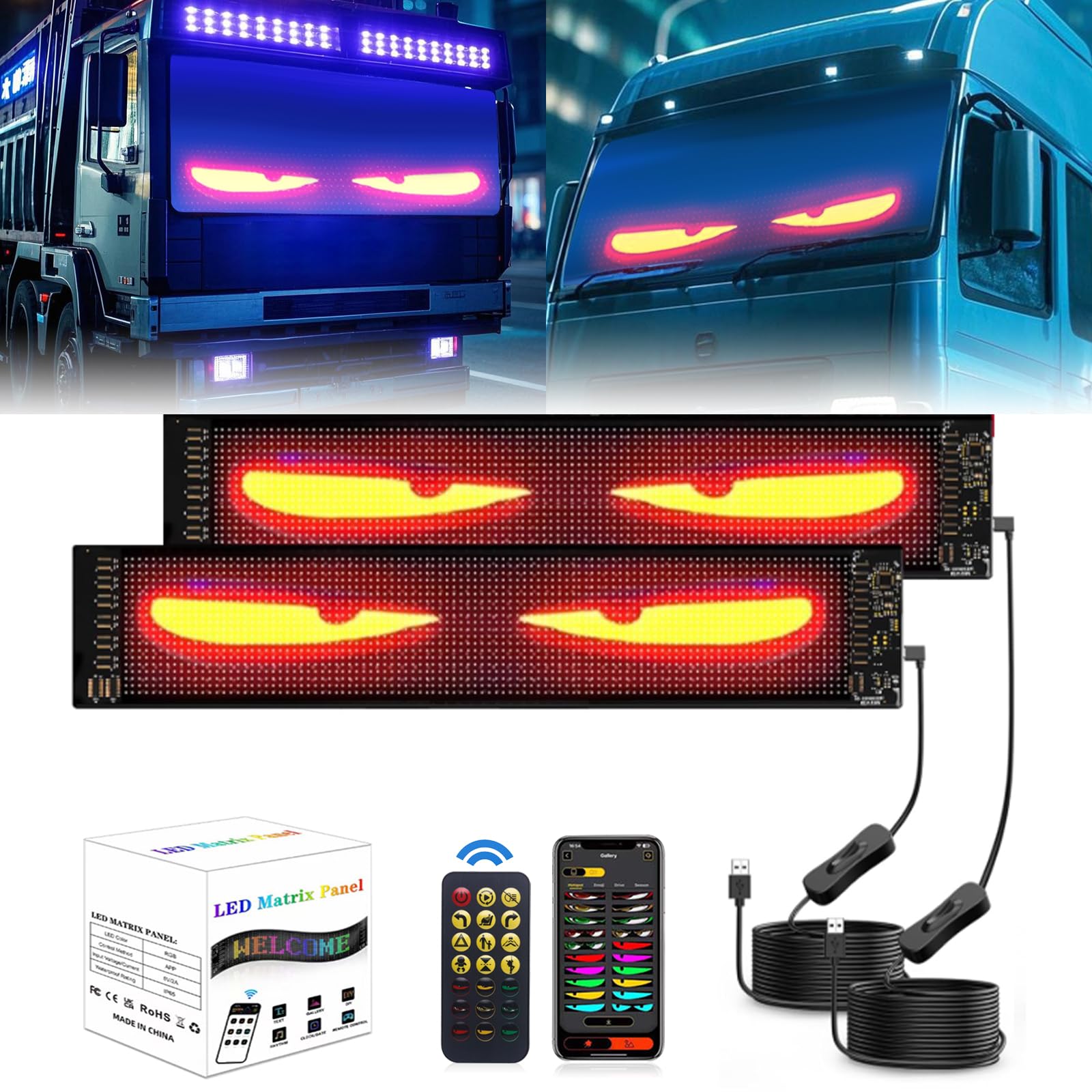 2PCS Devil Eyes Lights for Cars,Programmable Scrolling LED Display USB,Suitable for Windows of Cars and To Medium-Sized Trucks for Truck Windshield with Remote and Bluetooth APP Control