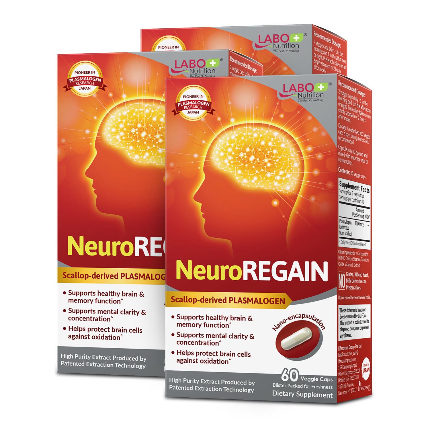 LABO Nutrition NeuroREGAIN - Scallop-derived PLASMALOGEN for Brain Deterioration, Memory, Alertness, Learning, Concentration and Other Cognitive Functions – Suitable for Seniors, Adult Men & Women x3
