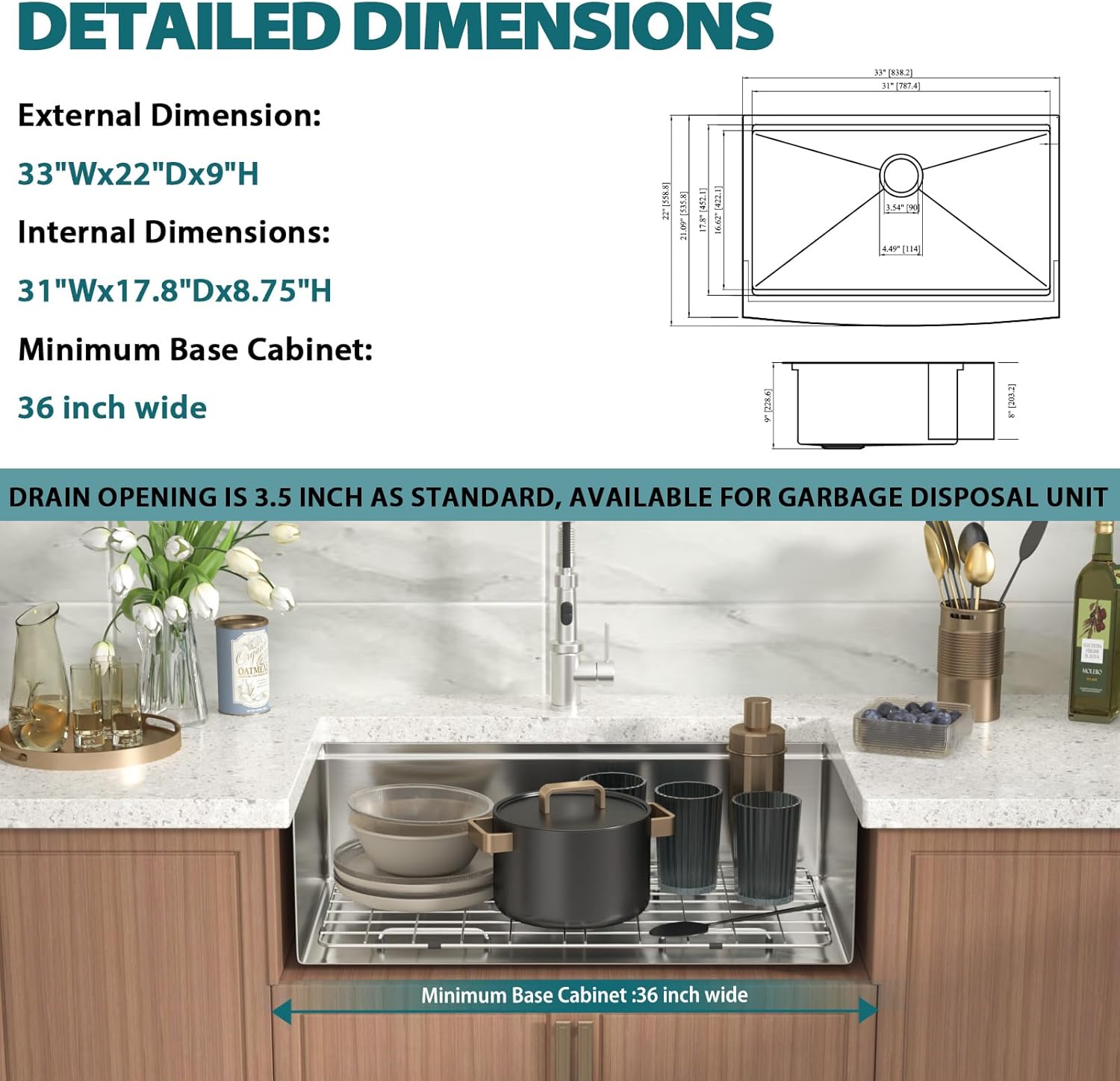 33 Farmhouse Kitchen Sink - Shinmou 33x22 Inch Apron Front Farm Workstation Sink 16 Gauge Stainless Steel Farm Single Bowl Deep Basin with Sliding Accessories