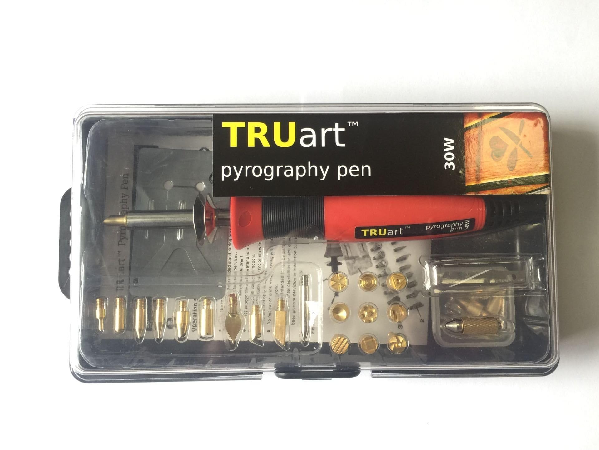 TRUArt Stage 1 Wood/Leather/Cardboard/Paper Pyrography Pen Set w/Jewelry Soldering Point - Best Woodburning Crafts Burner Tool Kit - Comes with 34 Different Tips, Dual Power Mode - 30W / 15W, Gourd