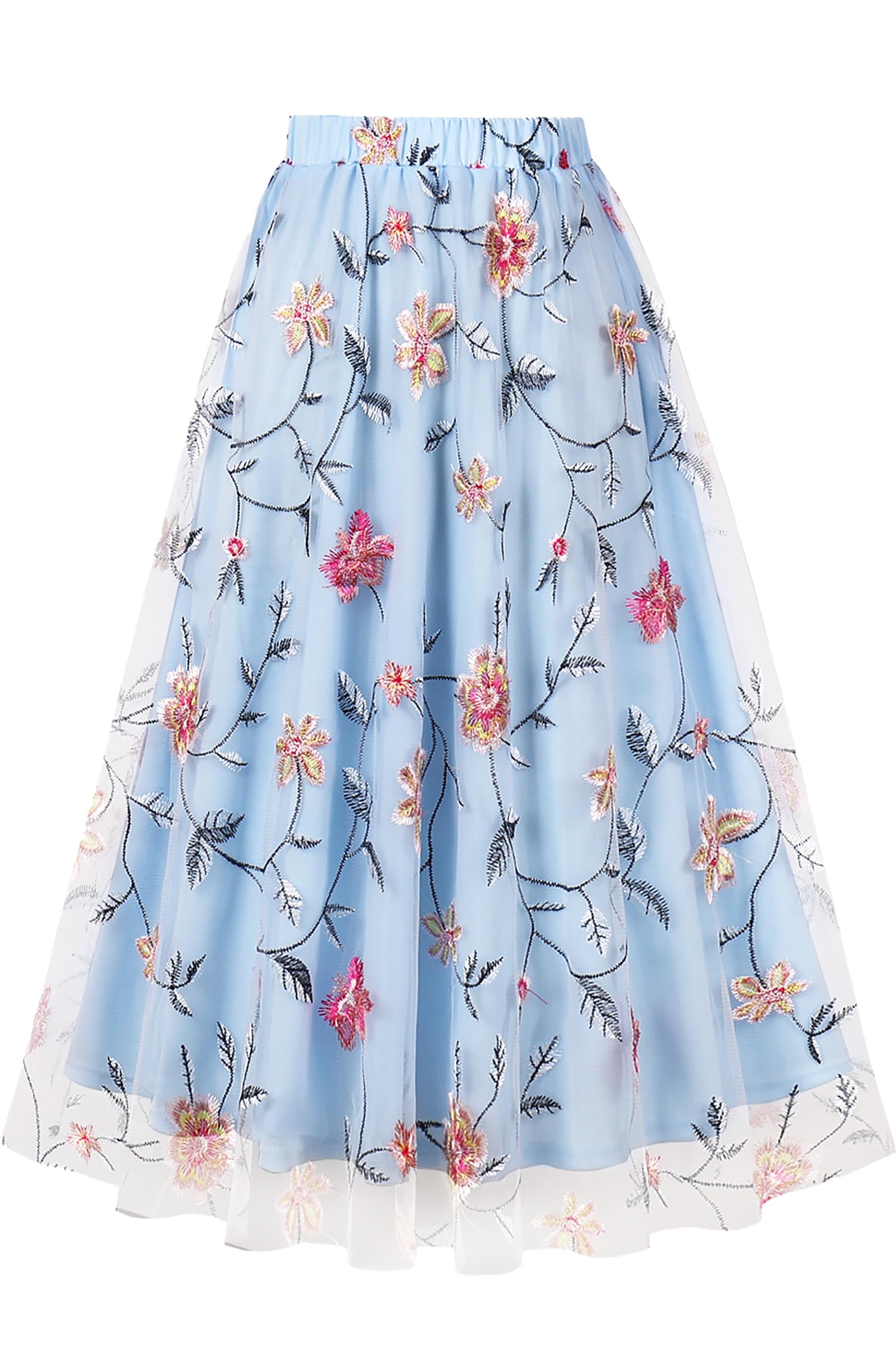 AXOE Damen Tüllrock Midi mit Blumenstickerei 3-Lagiger A-Linien Sommerrock Elegant Gummizug Romantischer Boho Mesh Rock für Hochzeit, Party & Festliche
