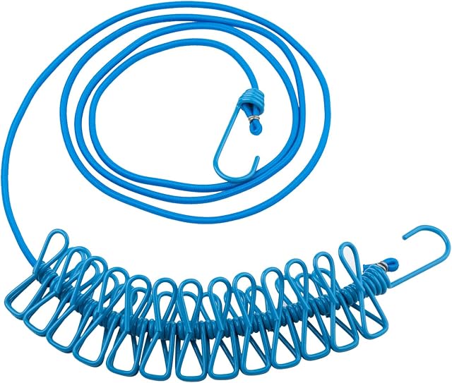 TRIXES Blue Long Compact Flexible 12 Peg and 2 Hook Travel Washing Line  1.8M