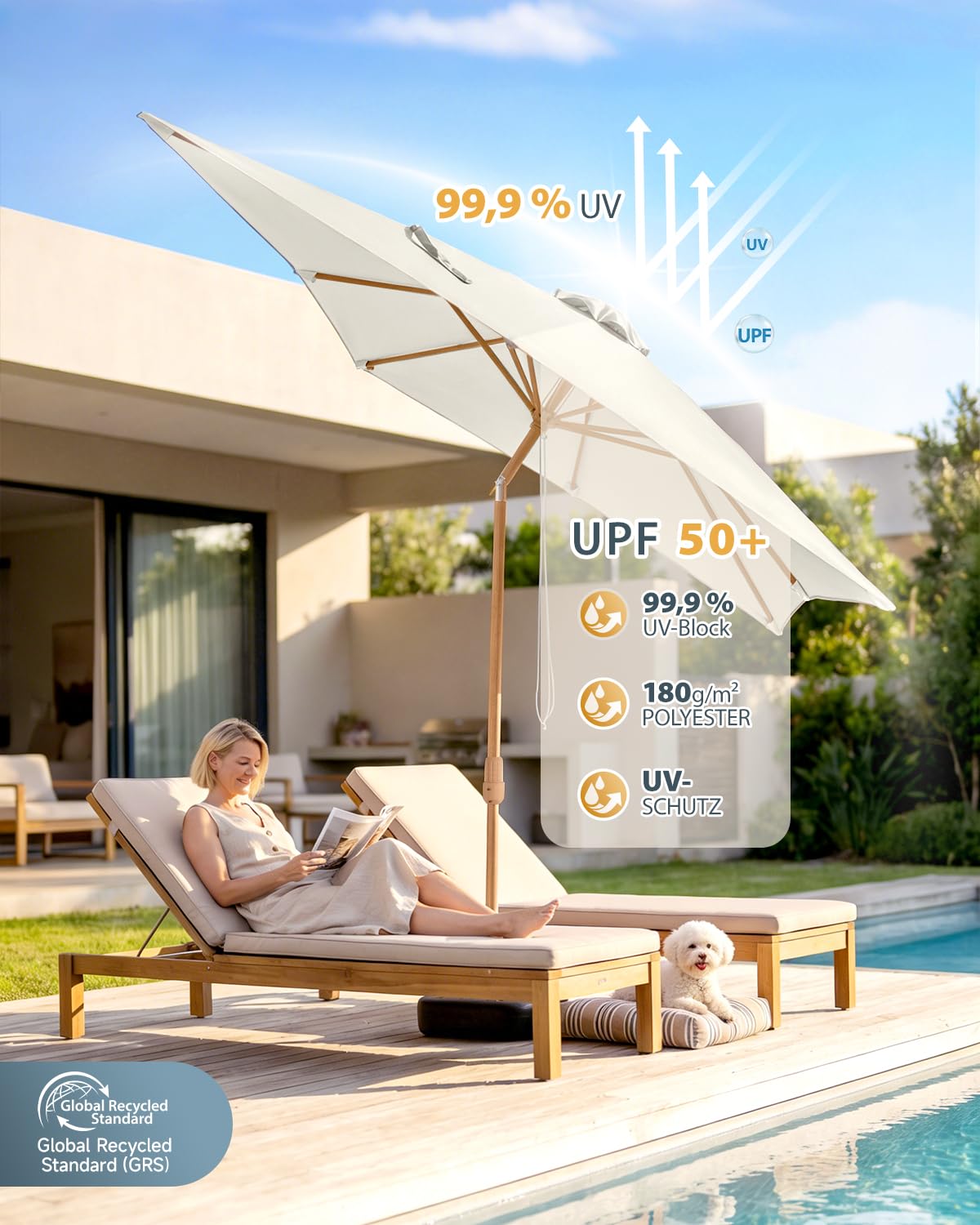 Sekey Sonnenschirm Rechteckig Auto-Knickbar UV50+ Holzoptik, für Garten/Balkon/Terrasse