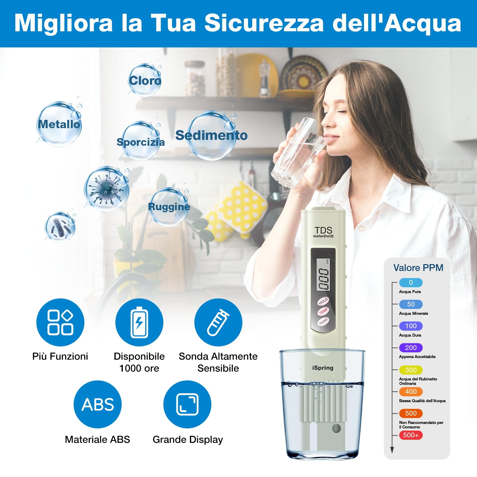 iSpring TDS Misuratore Digitale di Qualità dell'Acqua a 3 Pulsanti con Funzione di Test della Temperatura