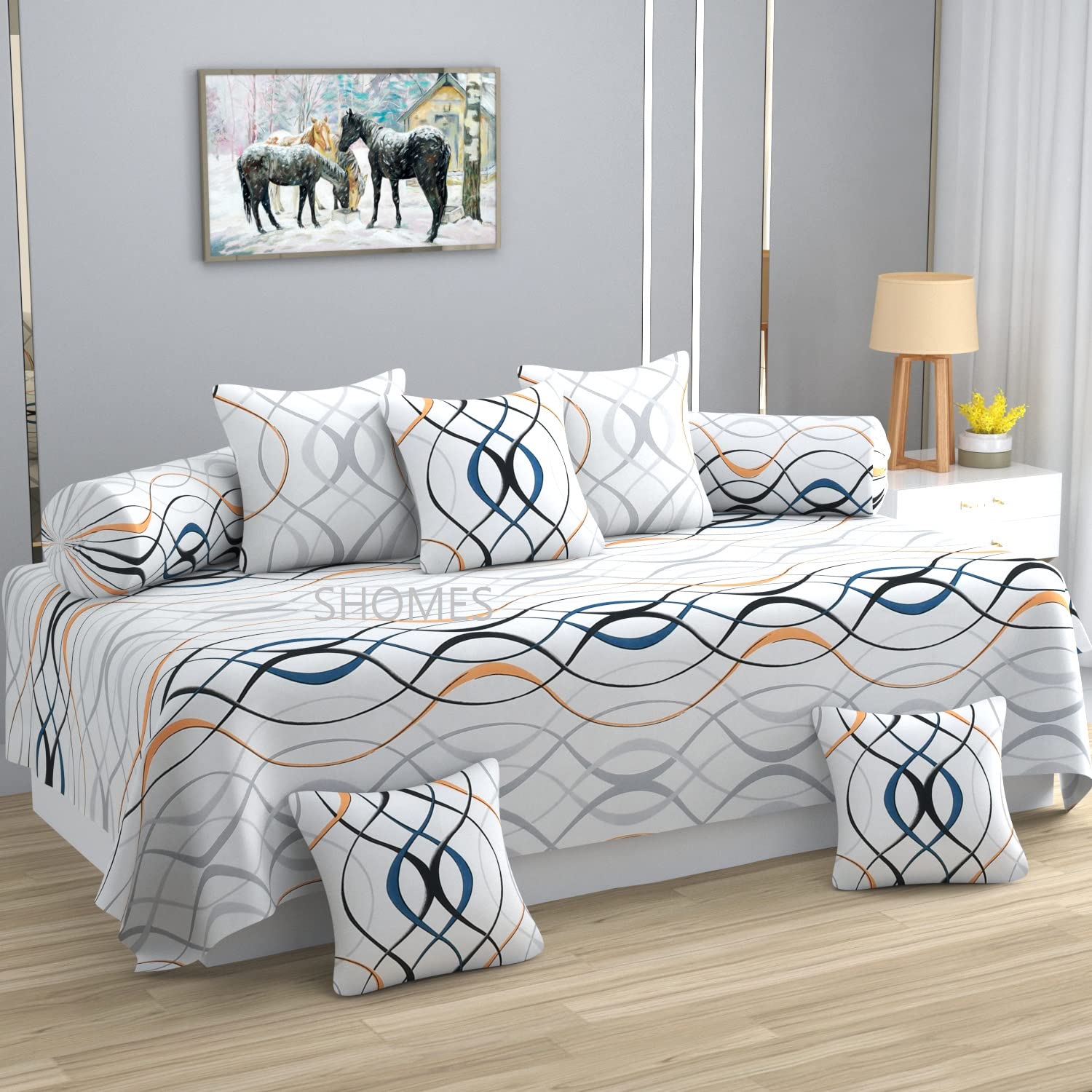 SHOMES Glace Cotton Geometric Printed Diwan Set Covers 8 Pieces - 1 Single Deewan Bed Sheet (60 X 90) with 5 Cushion (16 X 16), 2 Bolster Covers (16 X 32) - White-image-12