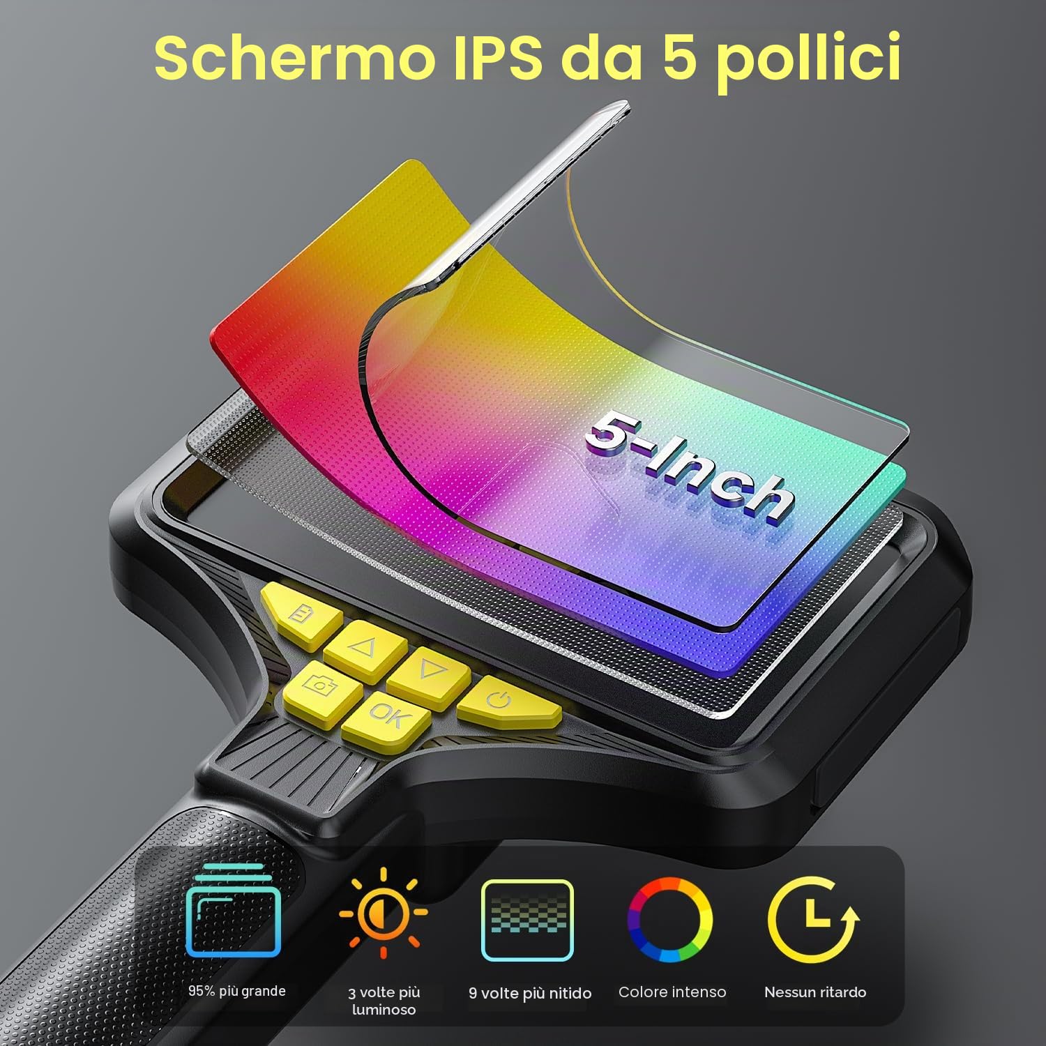 Endoscopio a Doppia Lente, Zealtron Endoscopio Industrial con Schermo Grande da 5” IPS, Telecamera endoscopica con 8+1 LED Regolabili 7,9 mm IP67 Sonda Impermeabile Cavo Semirigido-5M