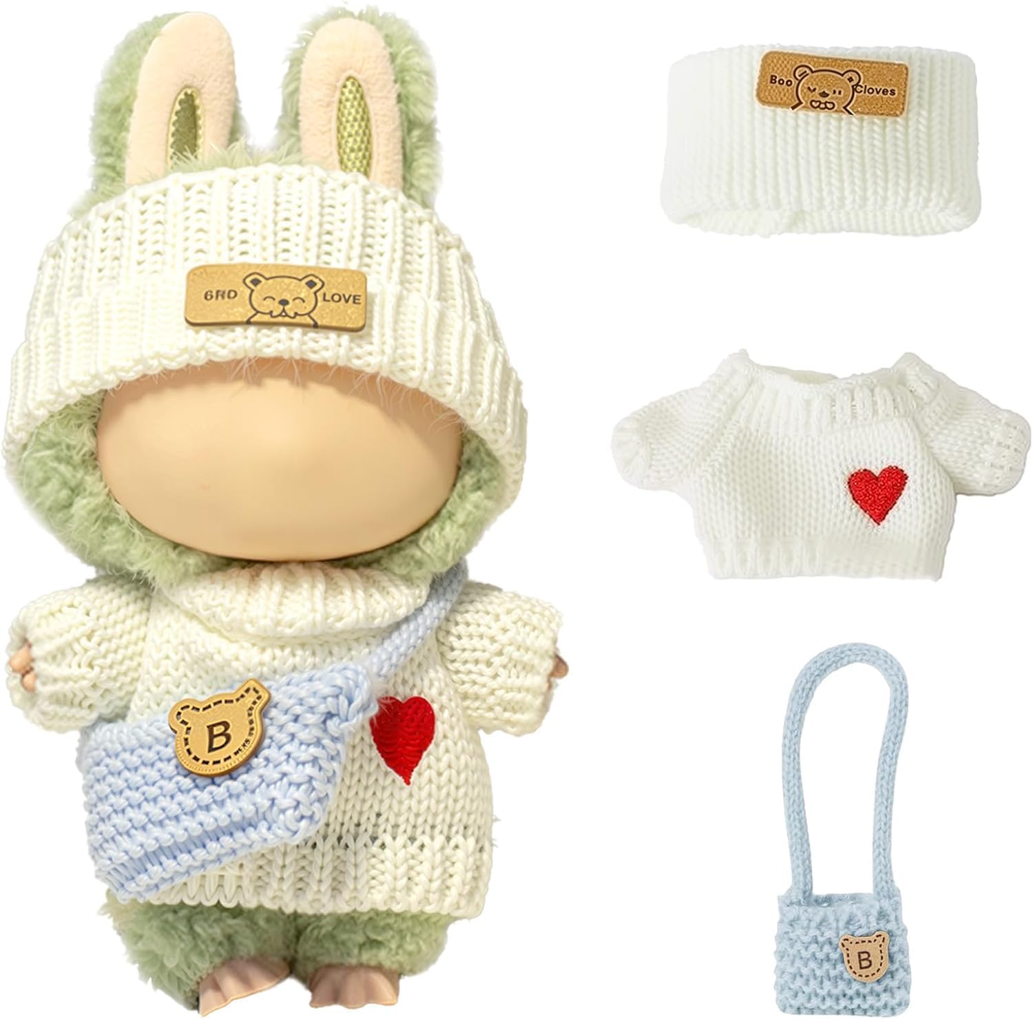 Clothes for Labubu 17cm Doll Handmade Crochet 3-Piece Set (Heart Sweater + Hat + Bag) - Cute Outfits for Dressing Up, Unique Style - Doll Not Included (Style 4)