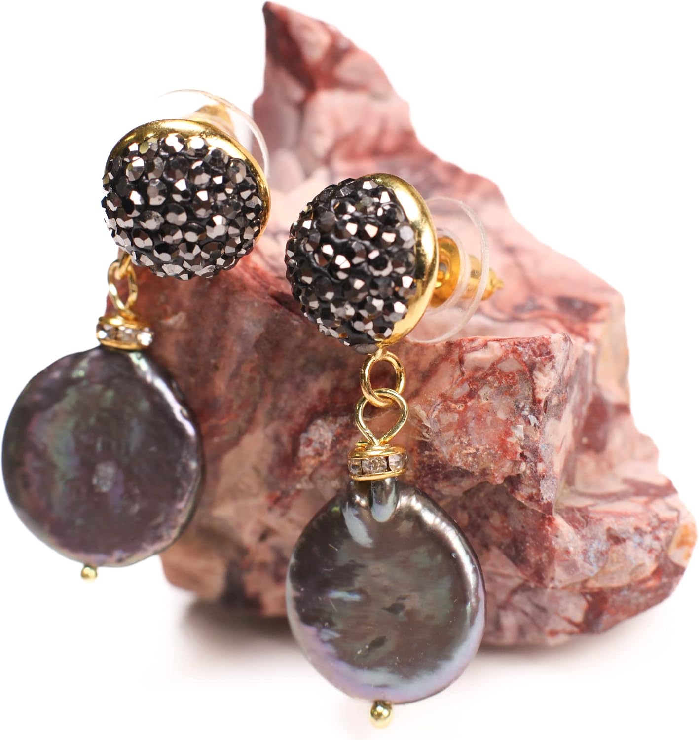 Natural Freshwater Peacock 14mm Large Coin Pearl High Luster Dangling with Black Crystal Pave Ball Gold Earrings, Valentine, Bridesmaid, Gift