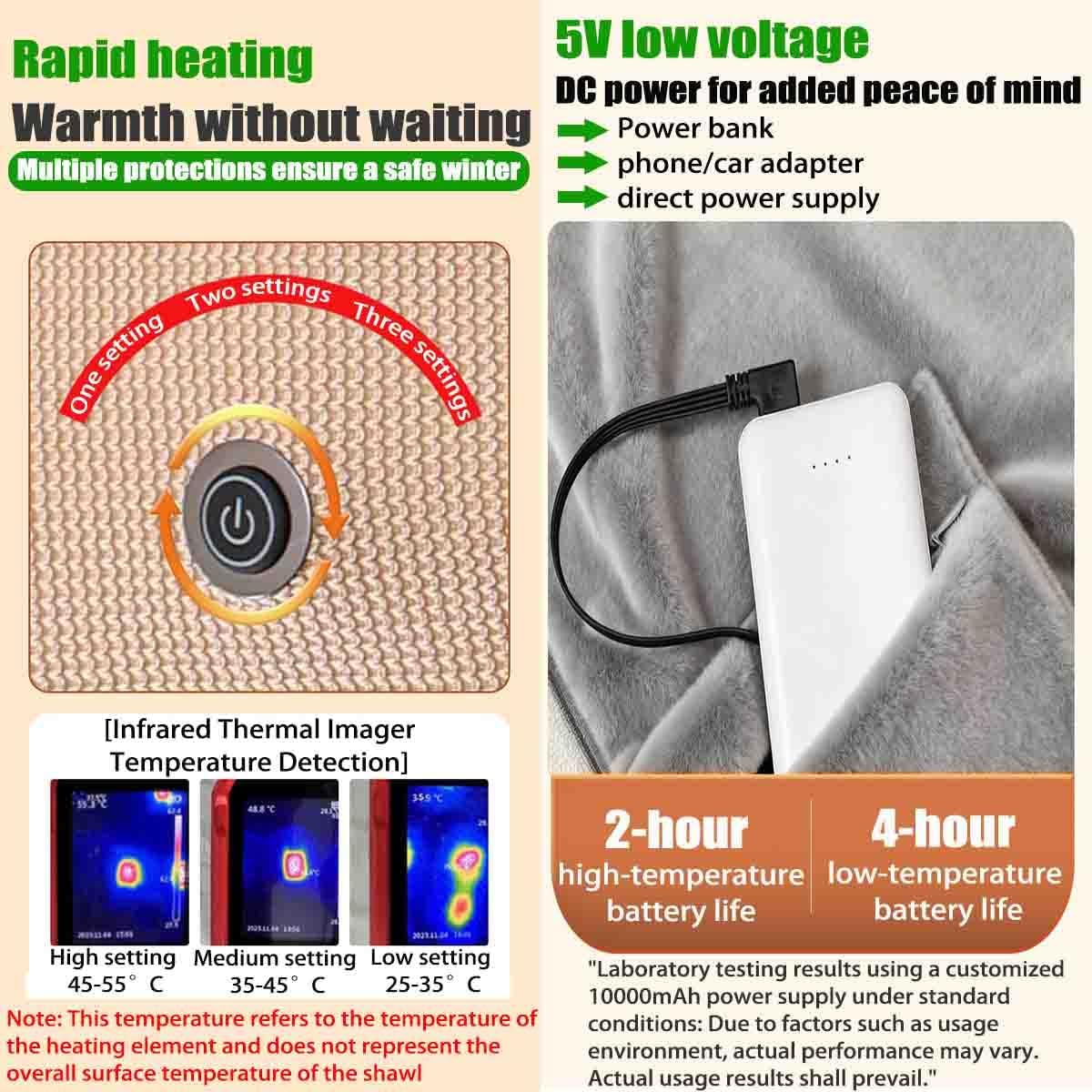 Electric Heated Shawl Wrap for Women,Portable Heating Blanket Shawl,Fast Heating USB Blanket Shawls with 3 Heating Levels