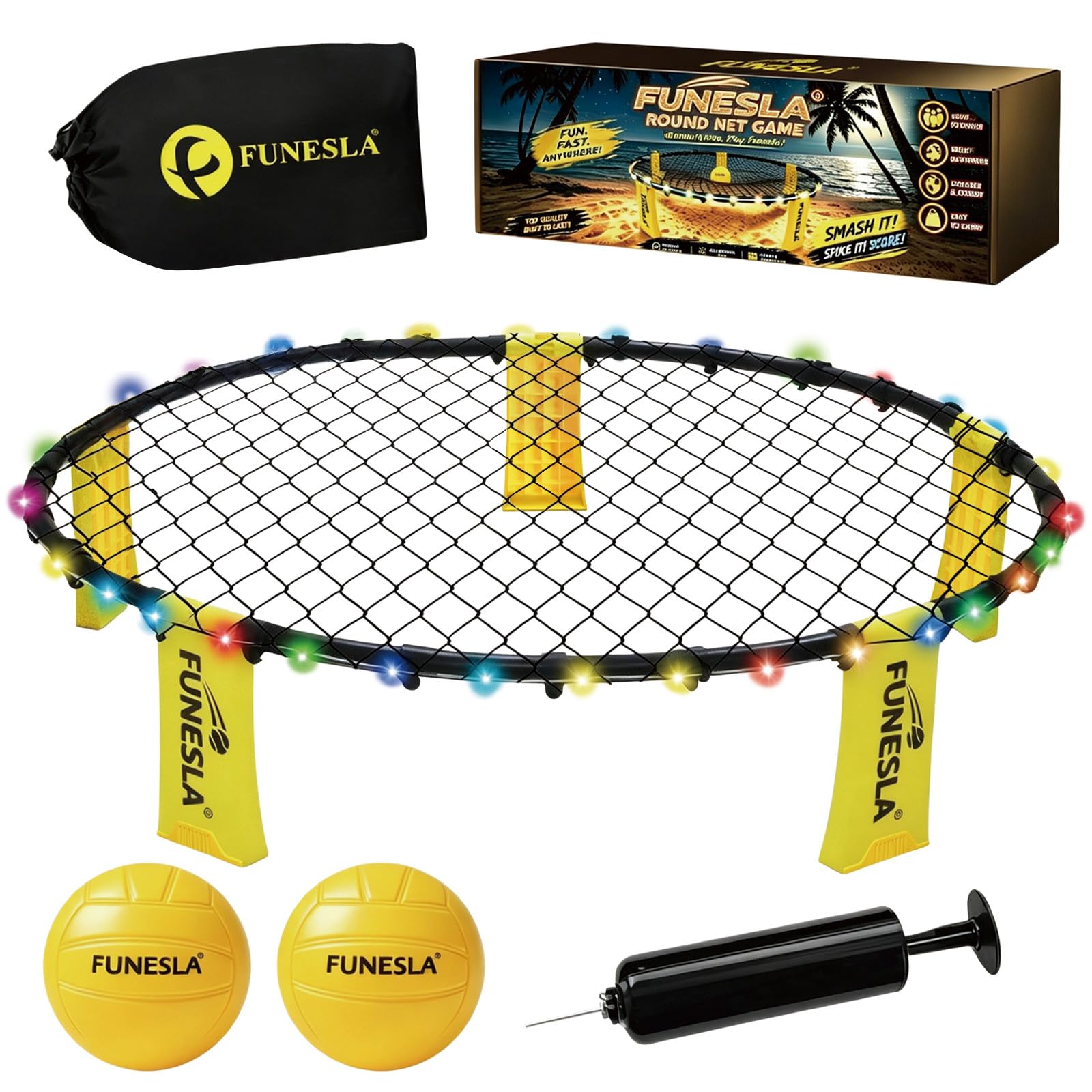 Roundnet Spiel Set 2026 – LED Leuchtversion, 2 Bälle, 7 Farben blinkend, einstellbare Netzspannung, tragbares Outdoor-Nachtspiel für Strand Garten Hof, mit verdeckter Nadelpumpe & Tragetasche