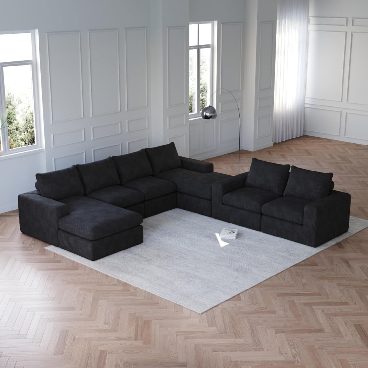 Corduroy Cloud L-Shaped Sectional Sofa with Double Cushion Slow Rebound Sponge Support Free Combination Modern Upholstered Couch for Living Room Bedroom (Black,6 Seat)