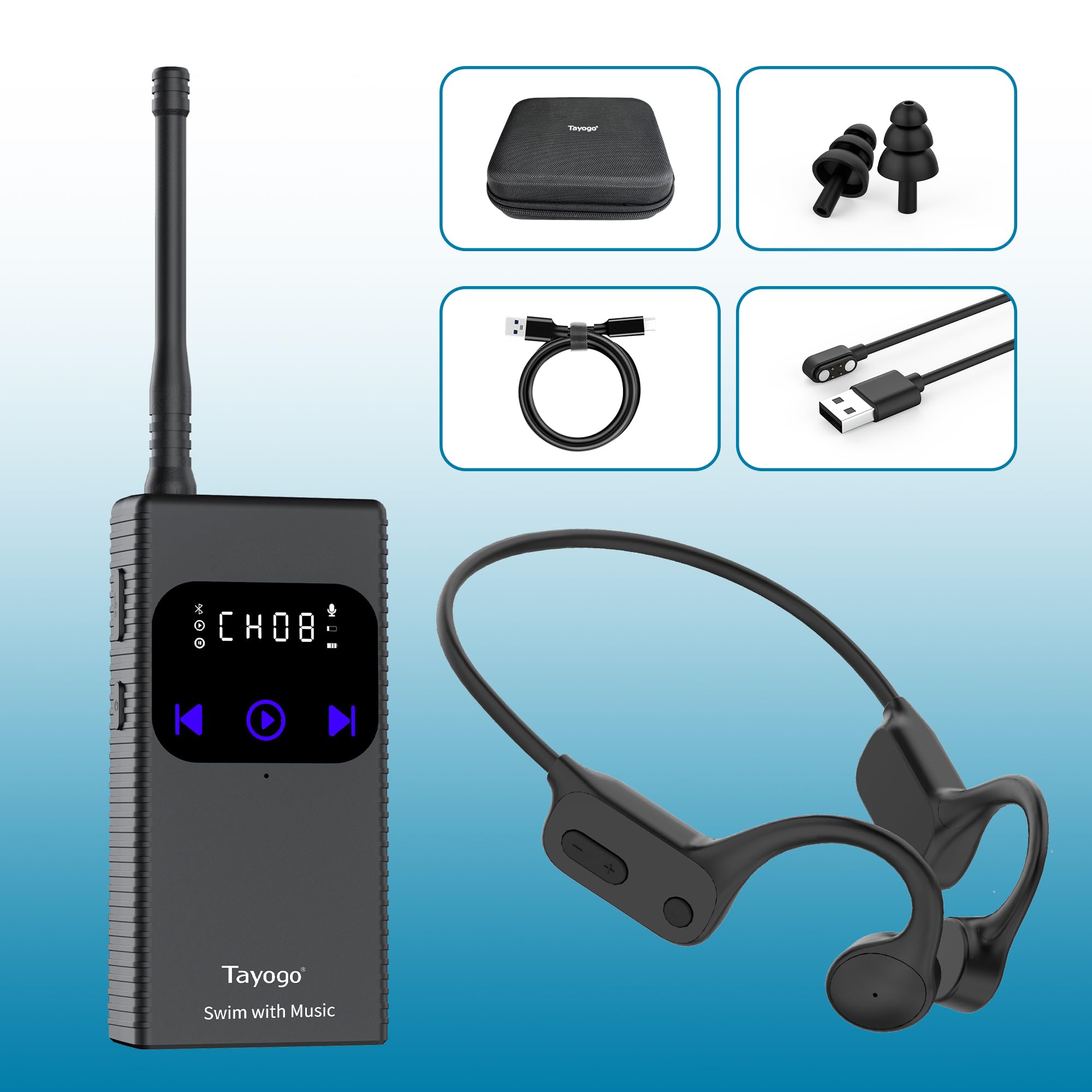 Tayogo Auriculares Natacion - Transmisor inalámbrico, Ideal para Spotify y Audible | Dispositivo de Comunicación para Entrenadores de Natación | Auriculares Conduccion Osea