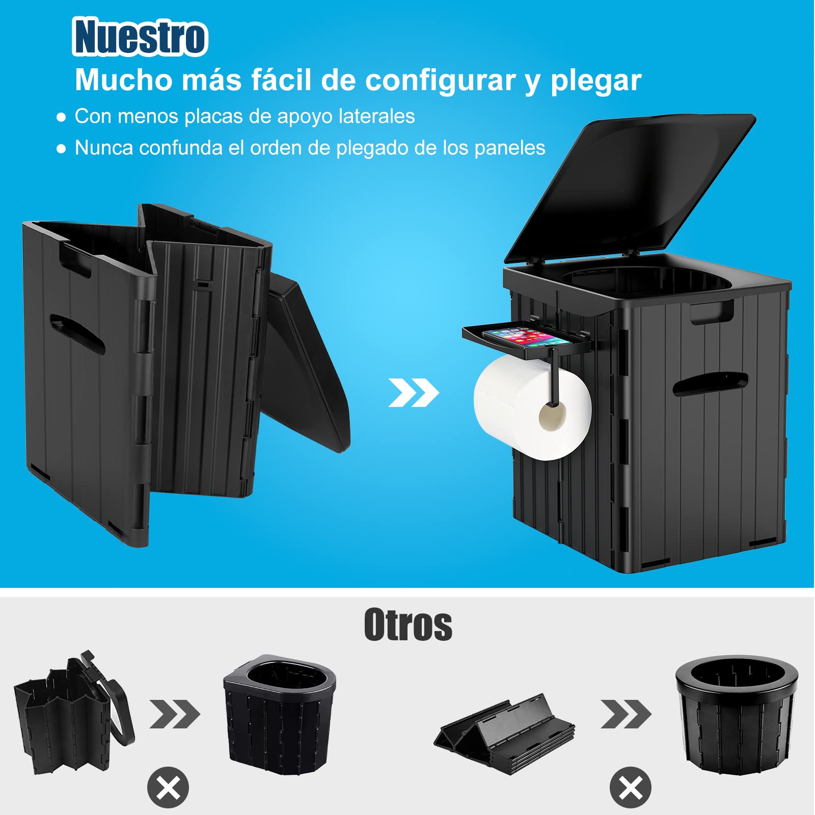 WADEO Inodoro portátil para Acampar, Inodoro Plegable para Exteriores o Interiores con Tapa, Inodoro móvil para Acampar con Soporte de Papel higiénico extraíble y Bandeja para teléfono móvil