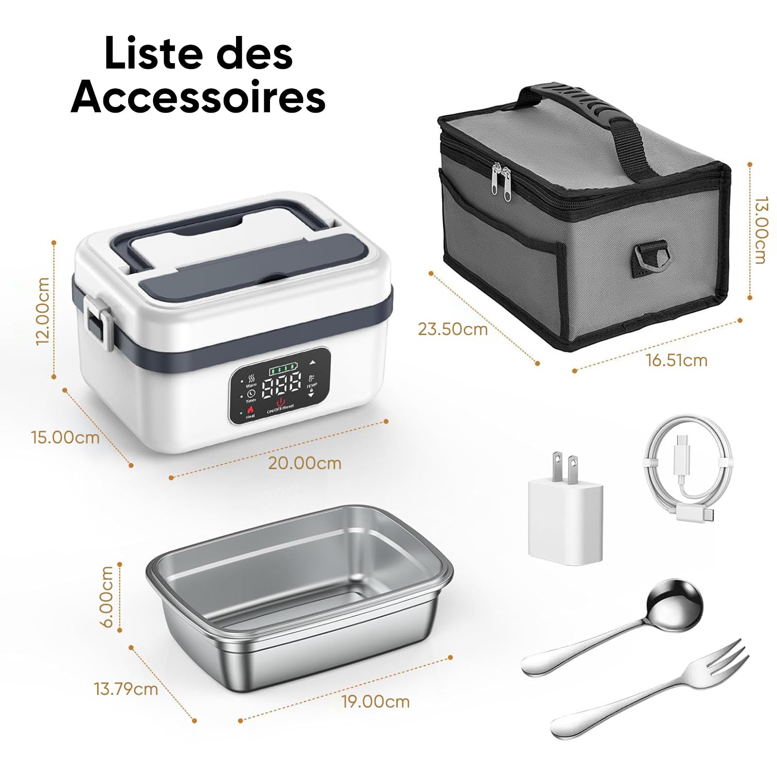 1L Gamelle Chauffante Batterie,Lunch Box Chauffante Batterie,Préchauffage,Fond Scellé Joint Caoutchouc, Démontable Lavable,Étudiants/Salariés/Chauffeurs/Ouvriers du Bâtiment (Blanc)